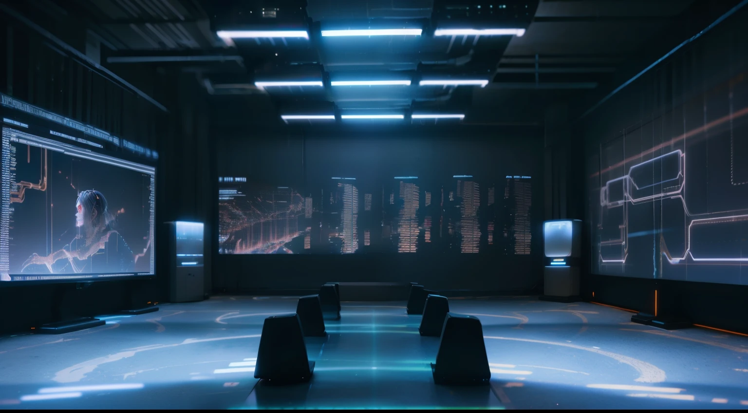 raised platform illuminated by the eerie glow of monitors and holographic displays, hackers hunched over sleek terminals, cables snaking across the floor, walls adorned with intricate circuitry patterns, a tense and secretive ambiance, Sculpture, mixed media with LED lights, --ar 16:9 --v 5