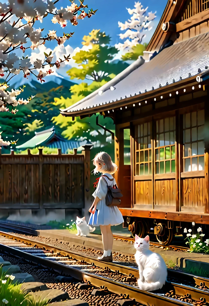 (8K、Raw photo、highest quality、look up:1.2、masterpiece:1.2、genuineistic、ultra high resolution、high contrast、photon mapping、genuine、Super detailed、official art, Raw photo、professional lighting、 light、Vivid atmosphere、twicelight) This scene is、It depicts an old wooden train station in the countryside exposed to the morning sun in spring.。The station building seems to have been forgotten, giving a sense of nostalgia.、There is silence and calm。 On the station platform、There is a girl and a white kitten。The white kitten sits under the door with the clock、Watching over the station premises。This scene is、Reminiscent of a rural Japanese town、The atmosphere is tranquil, as if it were located near a Japanese shrine.。 The girl&#39;s expression is young.々work、Delicate、I am embarking on a new journey amidst a station building and scenery that remind me of nostalgic memories.。A white kitten watches over the premises like a stationmaster.、It seems like they are celebrating the girl&#39;s departure to a new stage.。 This scene is、The beautiful scenery and tranquil atmosphere of the Japanese countryside are combined.、It will give the viewer a sense of comfort and warmth.