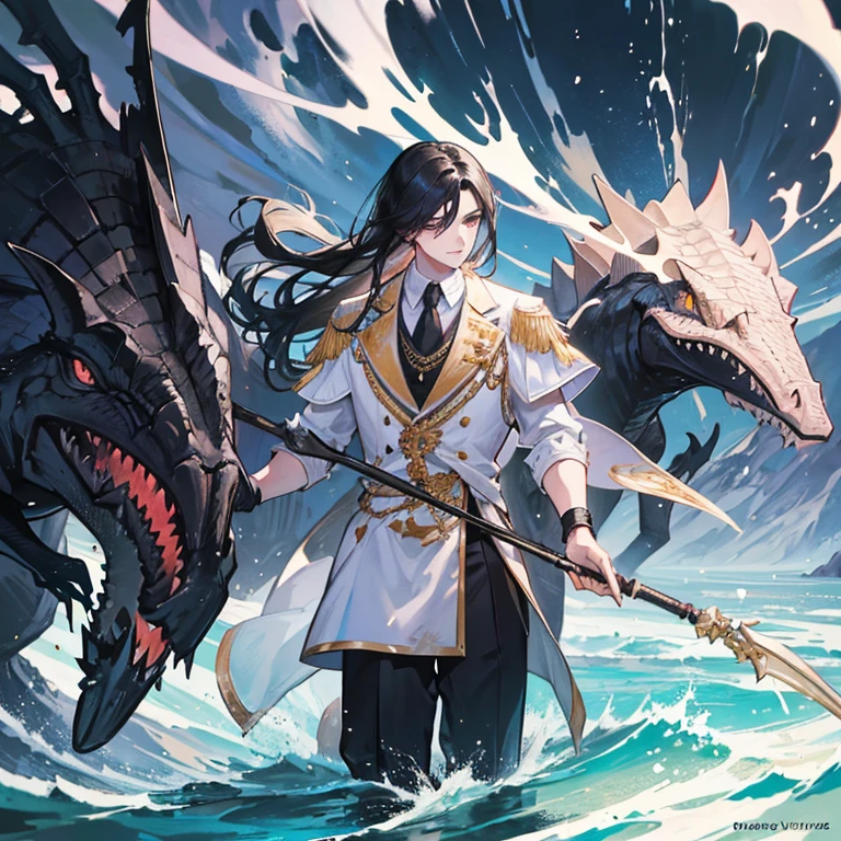 A handsome young man aged 20 years, wearing noble clothes, white skin with pitch black hair and eyes, holding a spear and there is a tame crocodile next to him. river background, make it in marvel comics art style.