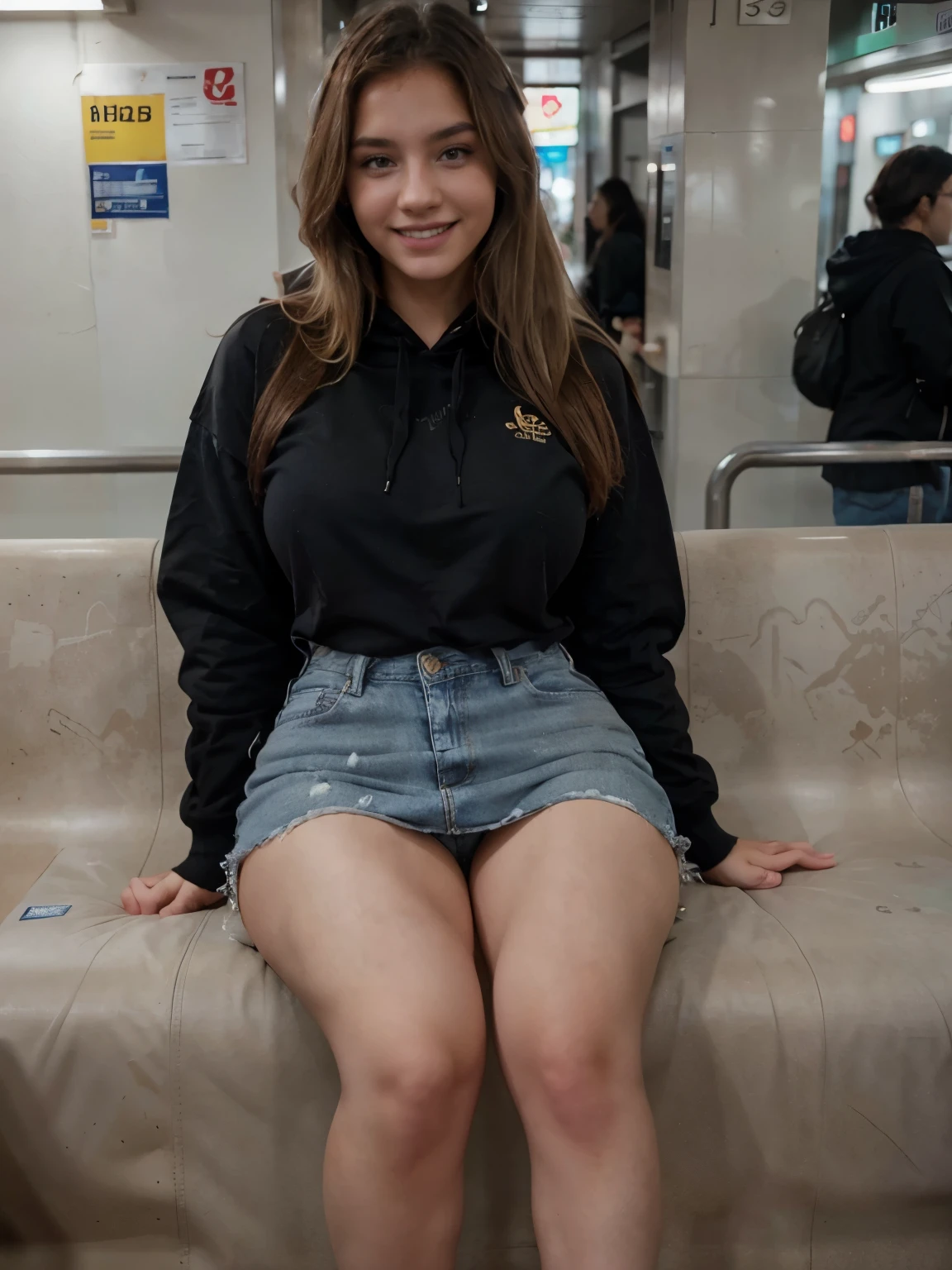 Full body portrait of happy Beautiful European Instagram model, 24 years old, 170 cm high, white skin, light gray eyes, blonde hair, big breast, athletic build, laughing out loud, crowded new york subway, wearing a black hoodie and denim skirt, canon 50 mm, midnight, realistic portrait, highly detailed, analog style, deep cleavage, black hoodie, denim shorts