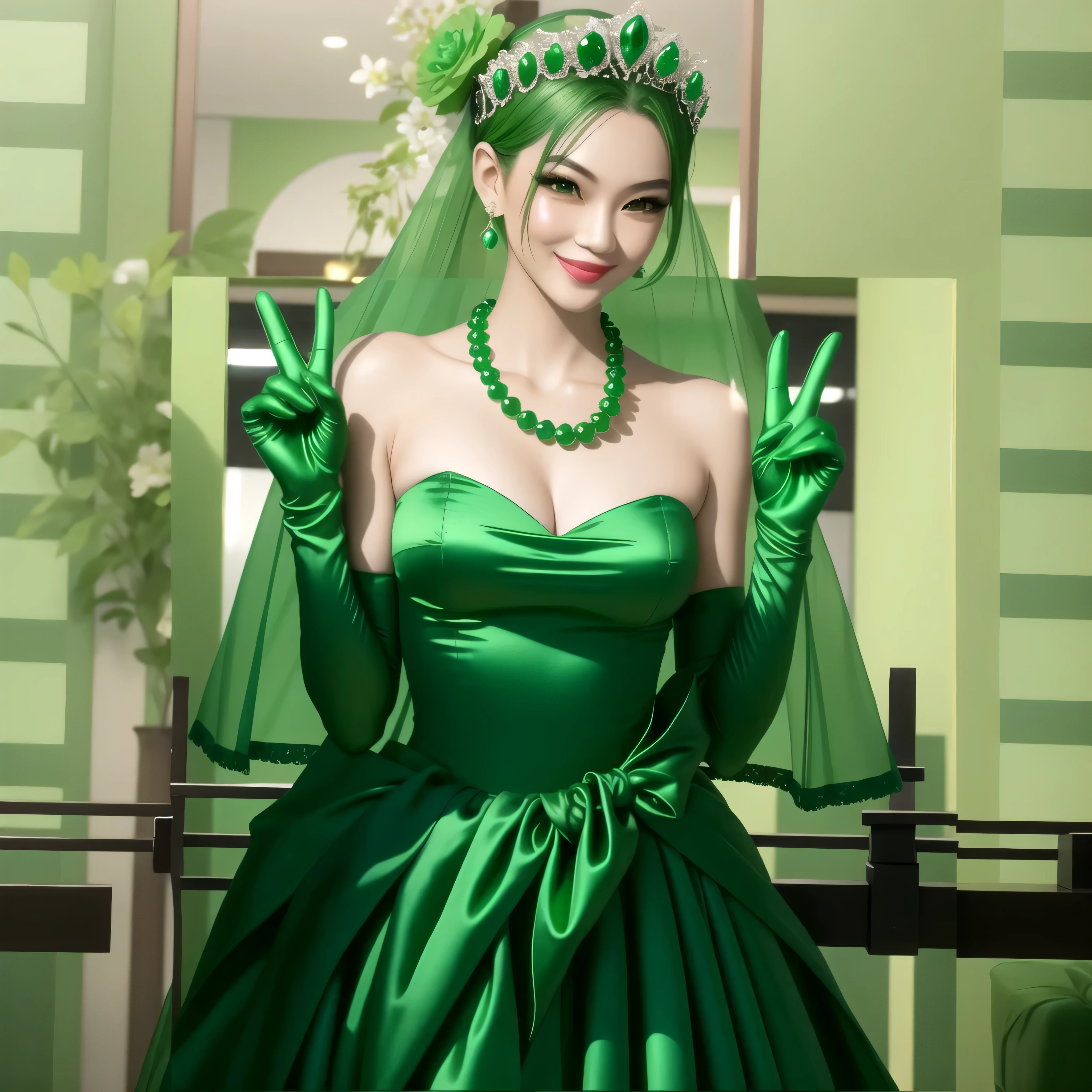 emerald tiara, green pearl necklace, boyish very short green hair, green lips, smiling Japanese woman, very short hair, Beautiful woman with big breasts, green eyes, green satin long gloves, green eyes, emerald earrings, green veil, Heart with both hands, green hair, beautiful japanese woman, heart shaped hands:1.3, green lip gloss
