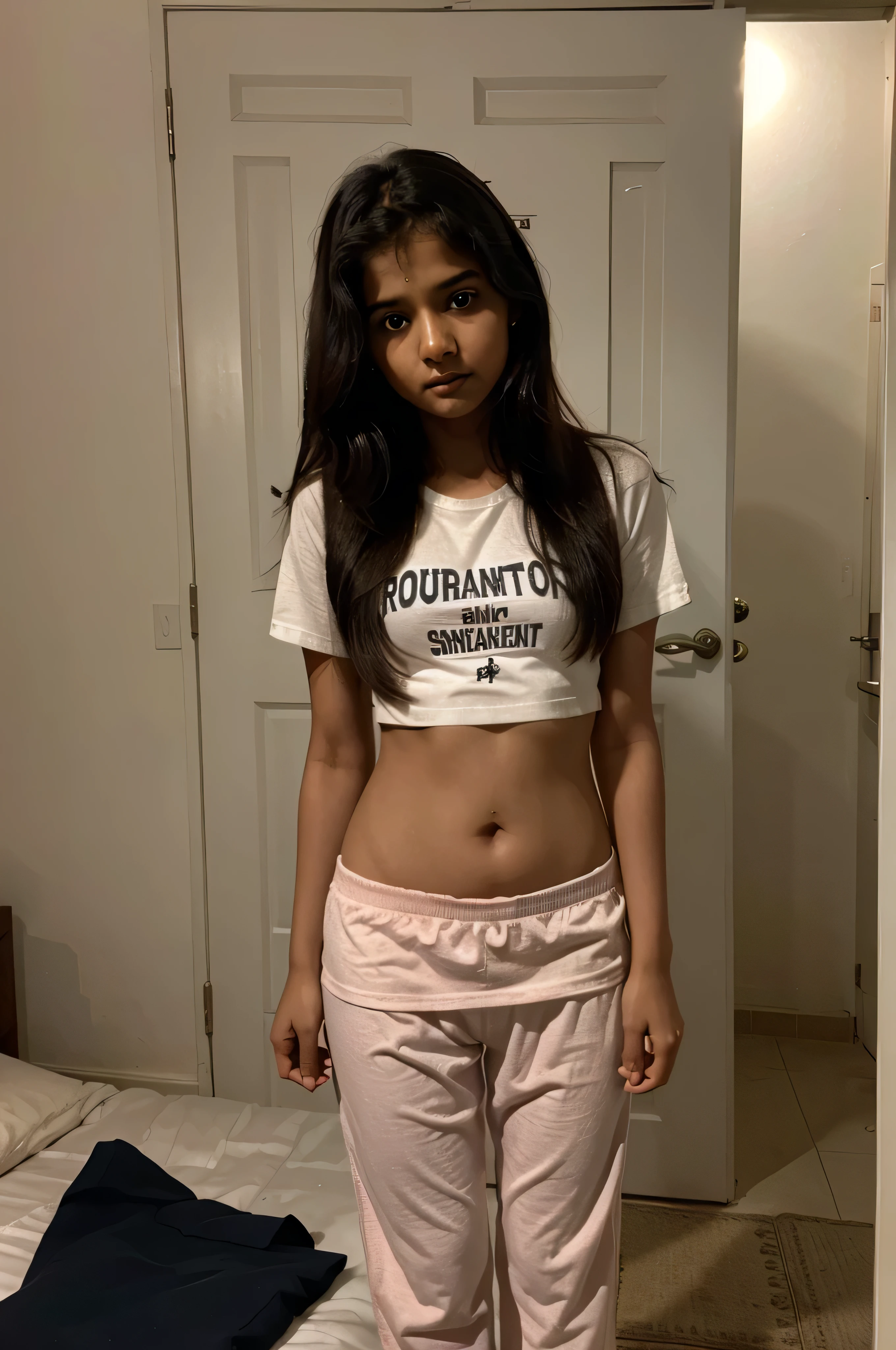 8 South Indian innocent girl standing at bed room door with innocent face in night pant and sleave less t shirt and feeling shy