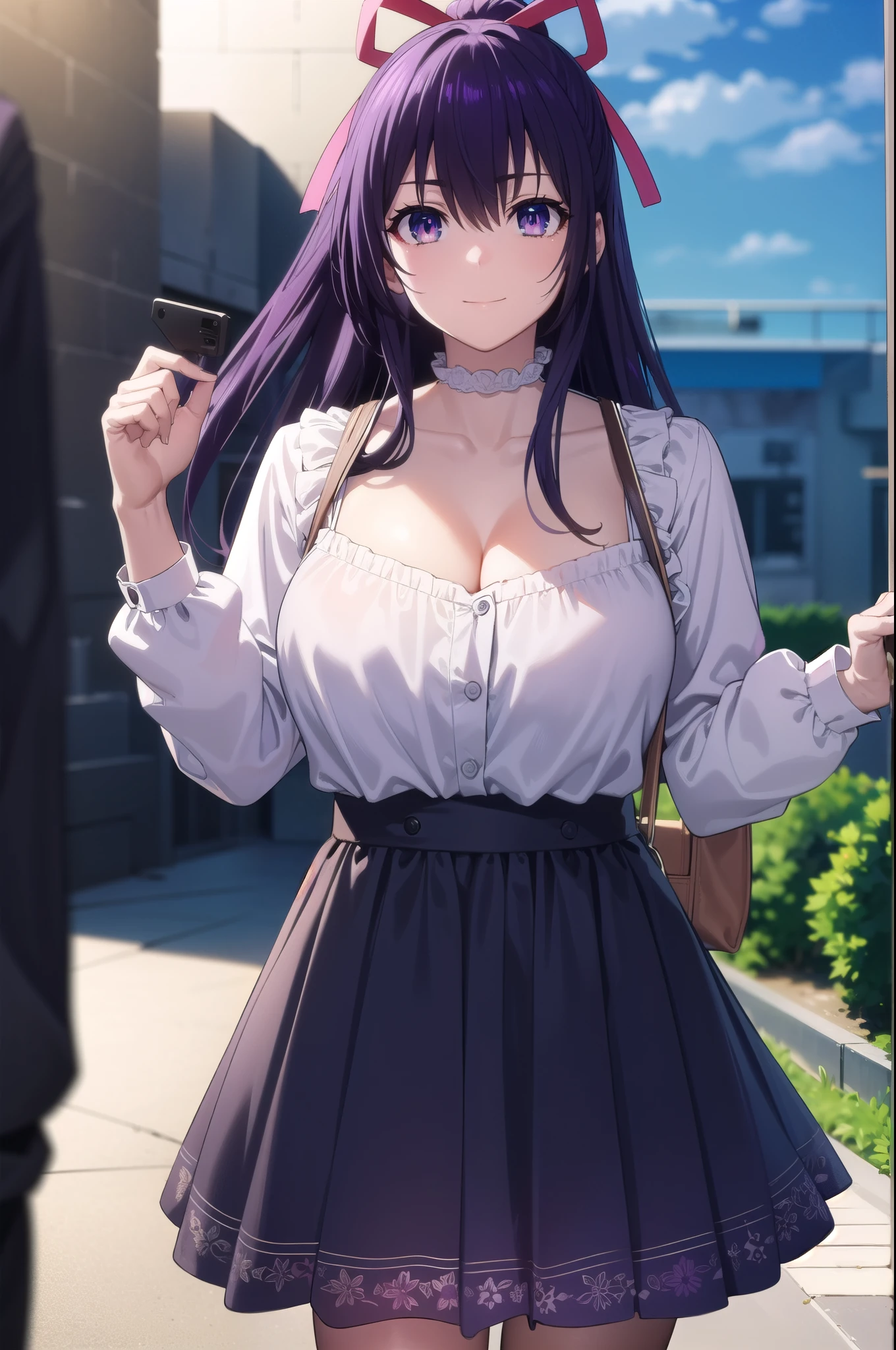 tohkayatogami, tohka yatogami casual, long hair, purple hair, alluringly smile,  Grey color spaghetti strap dress, cleavage, visible black bra, necklace, tight dress (purple eyes:1.1), white trousers, hair ribbon, ponytail, purple hair, white ribbon, g cup breasts, plump butt , low heels 
BREAK ,
BREAK Outdoors, Night, love hotel, alone, standing , low heels, white ribbon ,BREAK angle point view ,looking at viewer, beautiful poses, hand on neck, confident, full body view, head to toe view, create bit distance , 
BREAK (masterpiece:1.2), best quality, high resolution, unity 8k wallpaper, (illustration:0.8), (beautiful detailed eyes:1.6), extremely detailed face, perfect lighting, extremely detailed CG, darker background, (perfect hands, perfect anatomy),