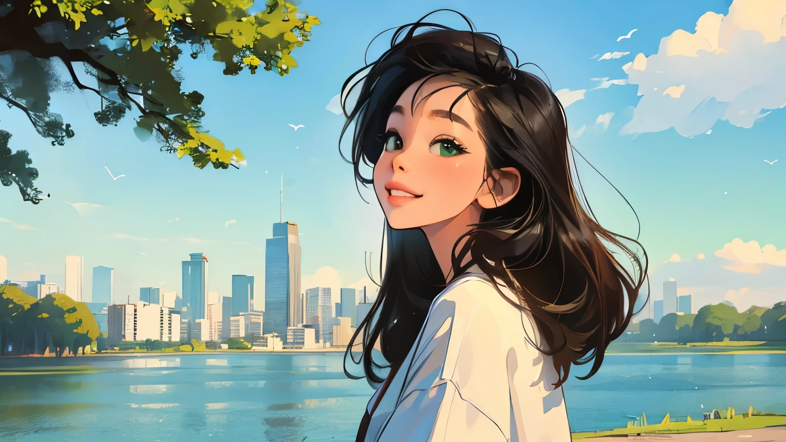 ((masterpiece)),(((bestquality))),((ultra-detailed)) realisticlying, 1 girl, Beautiful, black hair, happy, solo, The sky morning, looking to viewer, soft green, white, city, lake, park.