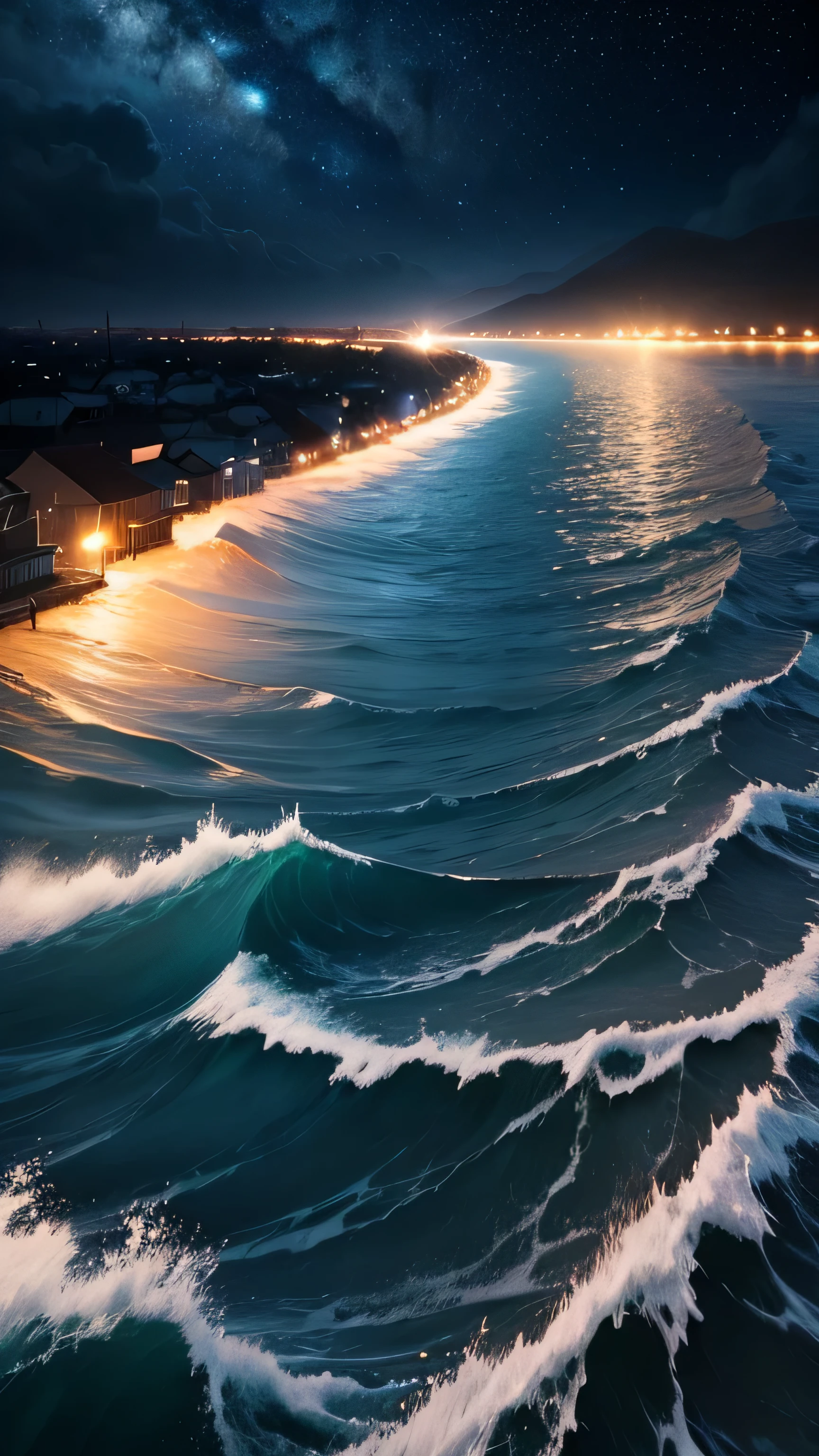 huge flood drowns entire villages, waves, night sky, 8k, high quality 