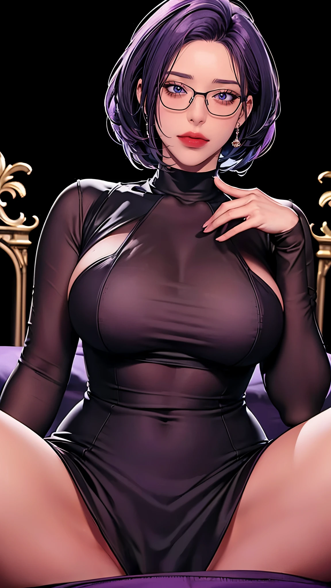 （（（完美figure，figure，Grey sweater, black dress, black stockings，（（（JMT,Glasses,purple hair,short hair,purple eyes,MiJungdef，purple eyes，purple hair，medium hair，）））型figure:1.7））），((masterpiece)),high resolution, ((Best quality at best))，masterpiece，quality，Best quality，（（（ Exquisite facial features，looking at the audience,There is light in the eyes，Happy，lol））），（（（Interlacing of light and shadow，huge boobs））），（（（looking into camera，black background，spread legs）））