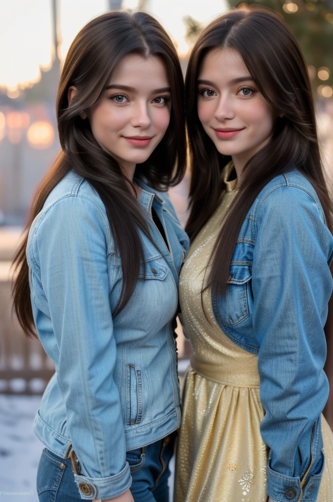 Professional photograph, best quality, 8K, hyper detailed, half body, A close up portrait of two gorgeous, beautiful, wonderful women, argentinian and russian females together posing for the camera, both women have super long hair, argentinian girl has dark brown hair and russian girl has light brown hair, the both of them are wearing winter outfits, both girls are wearing denim jackets with zippers. Both women are wonderful, dream, ethereal, timeless, majestic beauties from Argentina and Russia, hispanic and slavic dream beauties who comes to the hearts. They're glad, smiling and enjoying a day at park in winter. True friendship, they pose happy for the camera. [high saturation] 