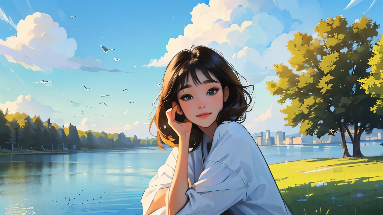((masterpiece)),(((bestquality))),((ultra-detailed)) realisticlying, 1 girl, Beautiful, black hair, happy, solo, The sky morning, blue sky, looking to viewer, soft green, white, city, lake, park.