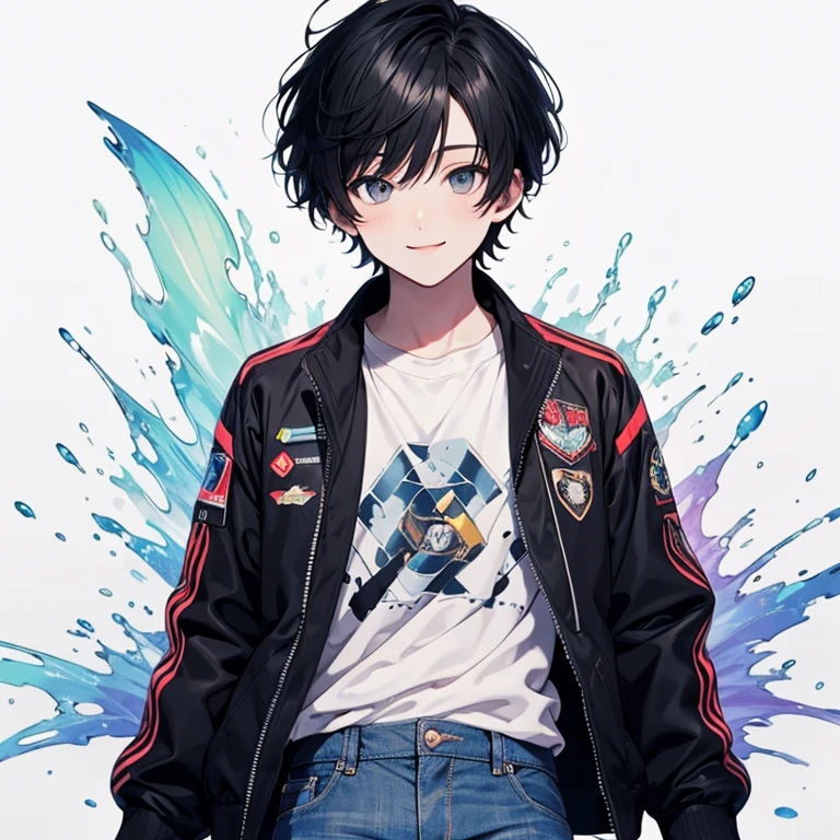 High quality, amount of drawing, pixiv illustration, PVC Jacket, aurora jacket, Beautiful young man, Black hair, Short hair, aurora fabric, hologram article,aurora seat jacket, White undershirt, light gray jeans, Decisive Pose, White background, A refreshing smile