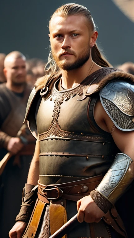 Illustrate the sons of Ragnar lothbrok standing together, wearing viking armor and holding weapons, ready to fight, heading for King Aella's fortress, crowd cheering for them , detailed face, detailed face expressions, natural face expressions, face in detail, asymmetrical faced,(tall and slender body), fair and smooth skin, detailed hands, detailed fingers, masterpiece, cinematic lighting, physically based rendering, lens flare, award winning rendering, perfect rendering detail, 8K, realism, detailed background, everything in detail, cinematic shot, dynamic lighting, 75mm, Technicolor, Panavision, cinemascope, fine details, 8k, HDR, realism, realistic, key visual, film still, superb cinematic color grading, depth of field