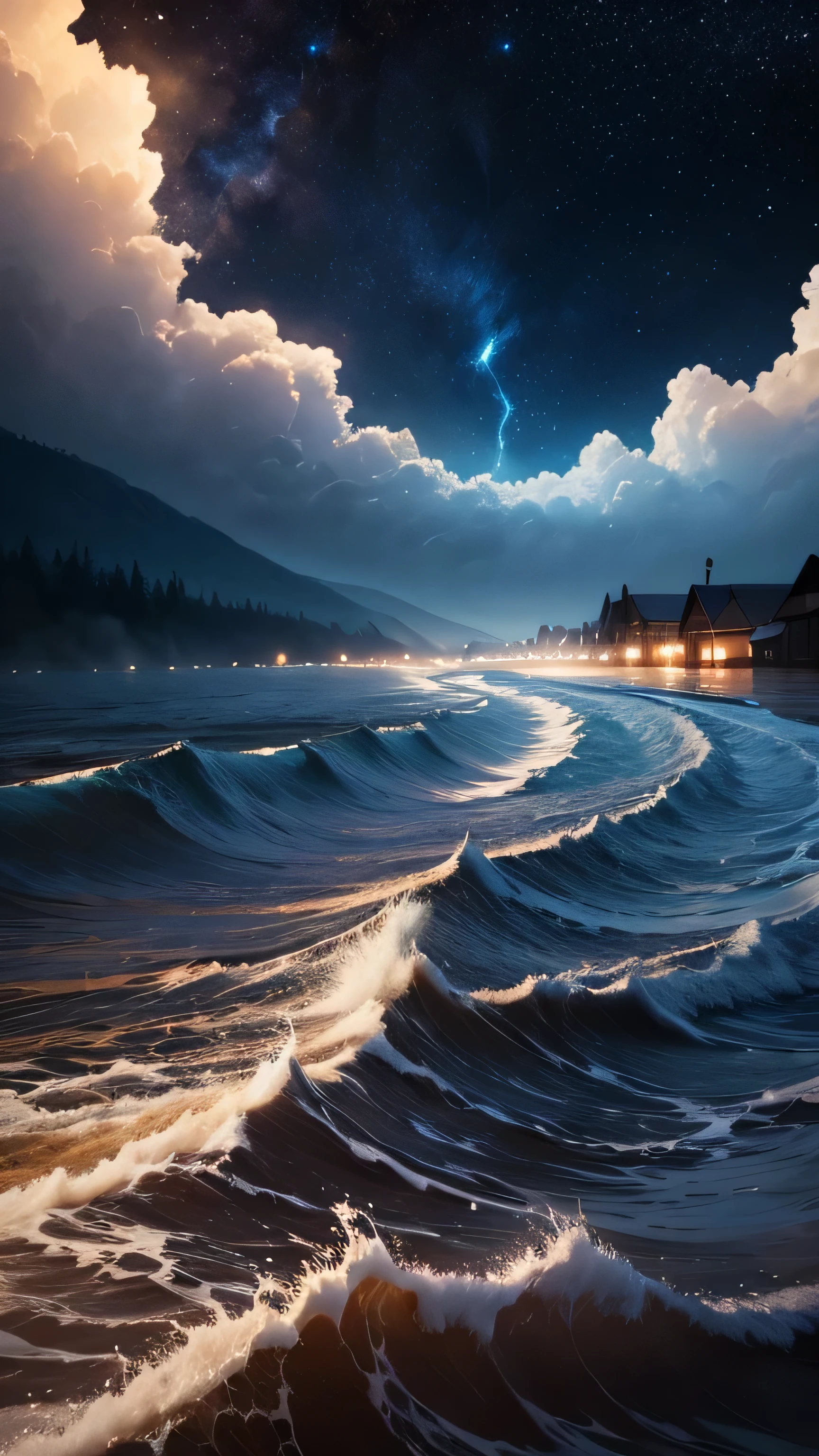 huge flood drowns entire villages, waves, night sky, 8k, high quality