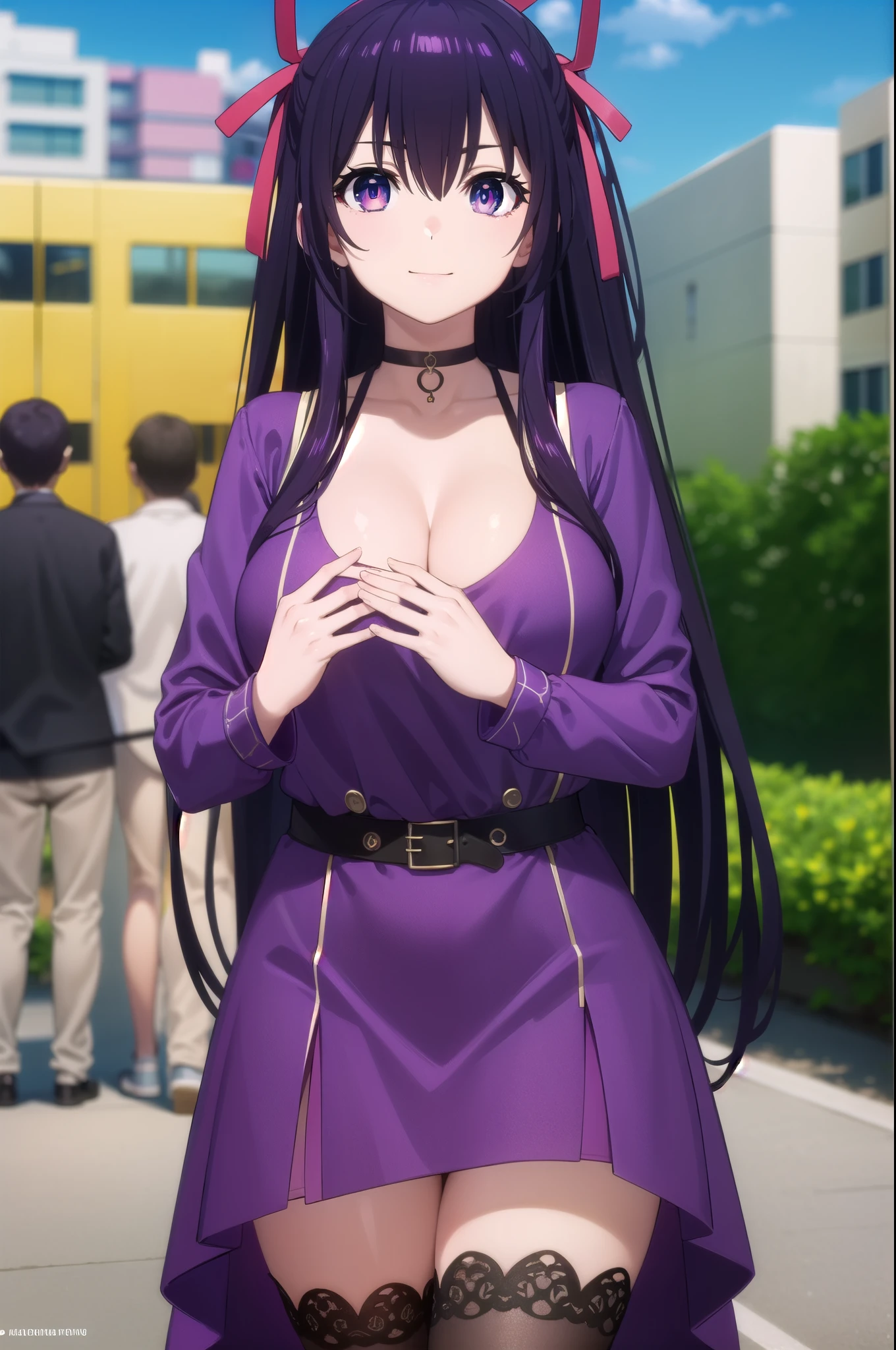 tohkayatogami, tohka yatogami casual, long hair, purple hair, alluringly smile, dress, long sleeve, mini sheath dress, tight dress, v neck, ribbon, neck chokers, (purple eyes:1.1), hair ribbon, ponytail, purple hair, white ribbon,g cup breast , cleavage, plump butt(dark green dress:1.2), short skirts, hand on back
BREAK ,
BREAK outdoors, city, people, crowd, sky, clouds, sun, blue sky,
BREAK looking at viewer, (cowboy shot:1.5),
BREAK (masterpiece:1.2), best quality, high resolution, unity 8k wallpaper, (illustration:0.8), (beautiful detailed eyes:1.6), extremely detailed face, perfect lighting, extremely detailed CG, (perfect hands, perfect anatomy),