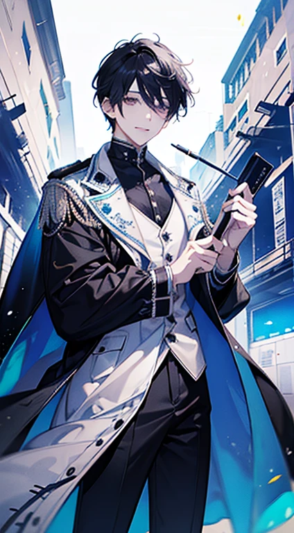 High quality, amount of drawing, pixiv illustration, PVC Jacket, aurora jacket, Beautiful young man, Black hair, Short hair, aurora fabric, hologram article,aurora seat jacket, White undershirt, light gray jeans, Decisive Pose, White background, A refreshing smile