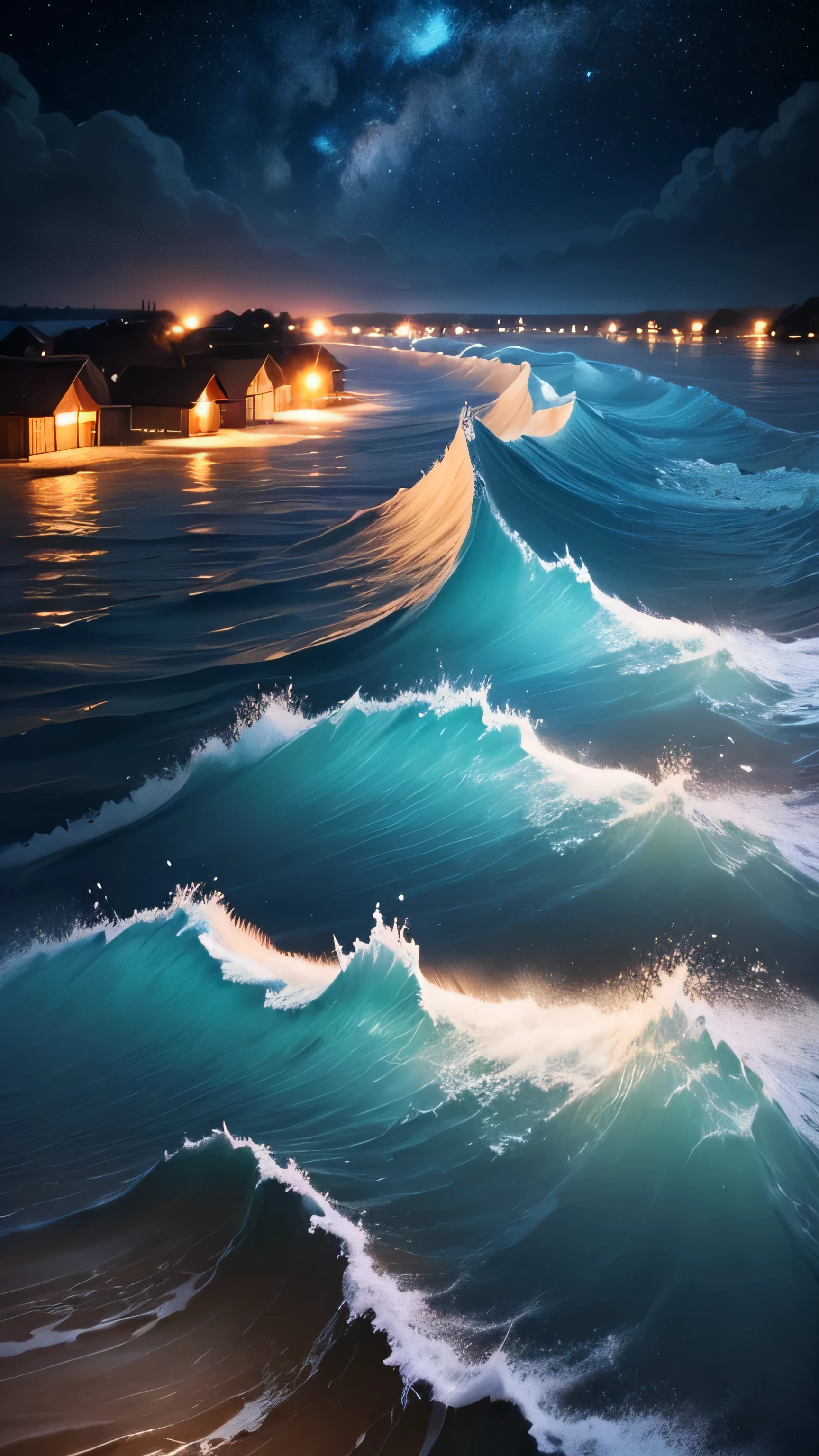 huge flood drowns entire villages, waves, night sky, 8k, high quality