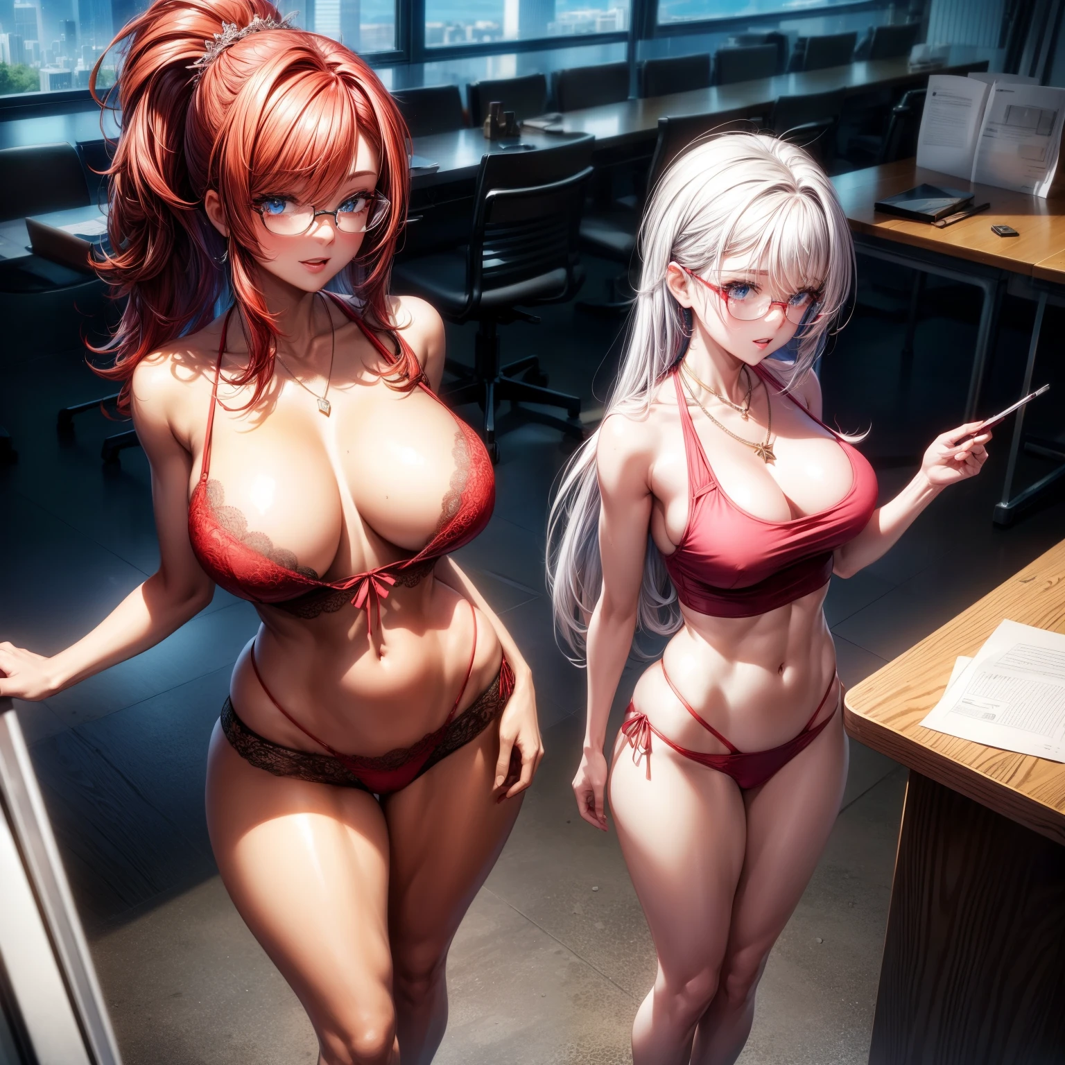 (8k,Super details,best masterpiece,nature,perfect work of art,perfect female figure),two women,sister and sister,sisters,Rainbow hair,perfect face,(huge),Neighbor's Wife,woman hairstyle,elegant wife, and exposed,20 years old,fair skin,messy hair,Perfect sexy b,Wear clothes that fit and are sexy,Red e crop top,Hot thong hot pants,embedded in ass,Hot and y secretary,r glasses,Standing in a spacious conference room,Papers scattered on the gd,Detail background,necklace,perfect eyes,, T-shaped small size,huge的山雀