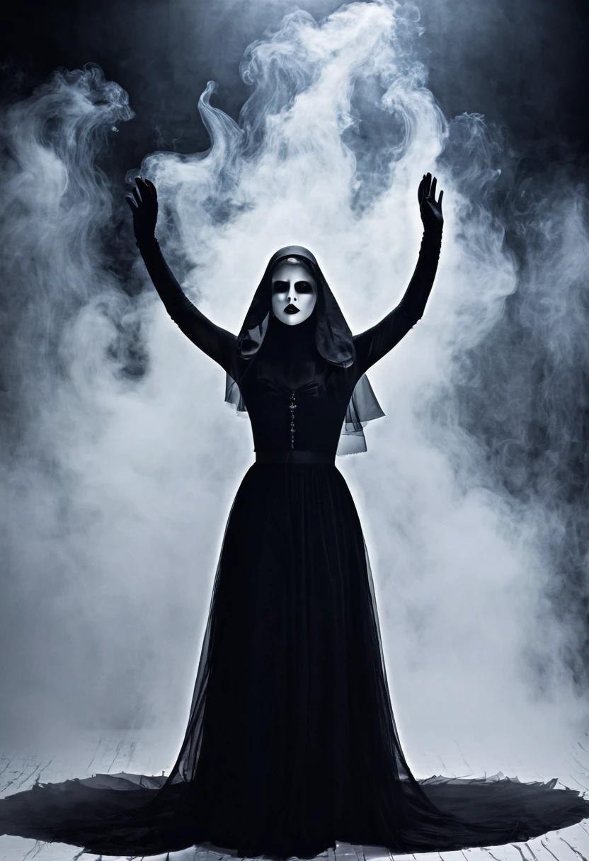 ... 







evil spirit horror black veil white eyes haze ritual movement of hands in the air to full height