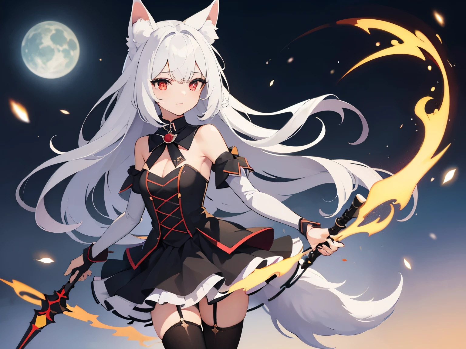 young woman ,height 155 centimeters ,breast size 1 ,ash white hair , fluffy ears with black tips ,white tail with black tip ,fox ,Someone ,cat , skirt ,stockings ,topic ,cat ears ,small ears ,Black Ear Tips,black tip of the tail , black ears ,черный foxий хвост ,skinny legs, Red eyes ,5 fingers on 1 hand , large magic staff, long magic staff