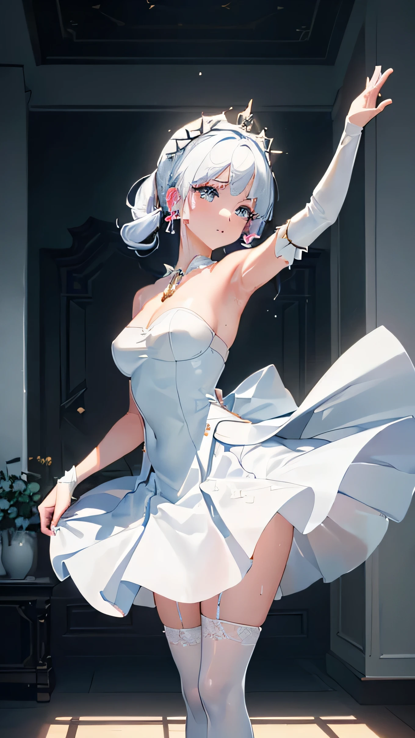 ((beautiful lighting, Best quality, 8K, Masterpiece: 1.3)), 1girl, Perfect body beauty: 1.4, elegant, Sweaty + wet skin,((white hair)), (White dress: 1.4), (Over the knee white stockings: 1.5), (long dress), Super Fine Face, lingerie, ((dancing)), (elegant room)