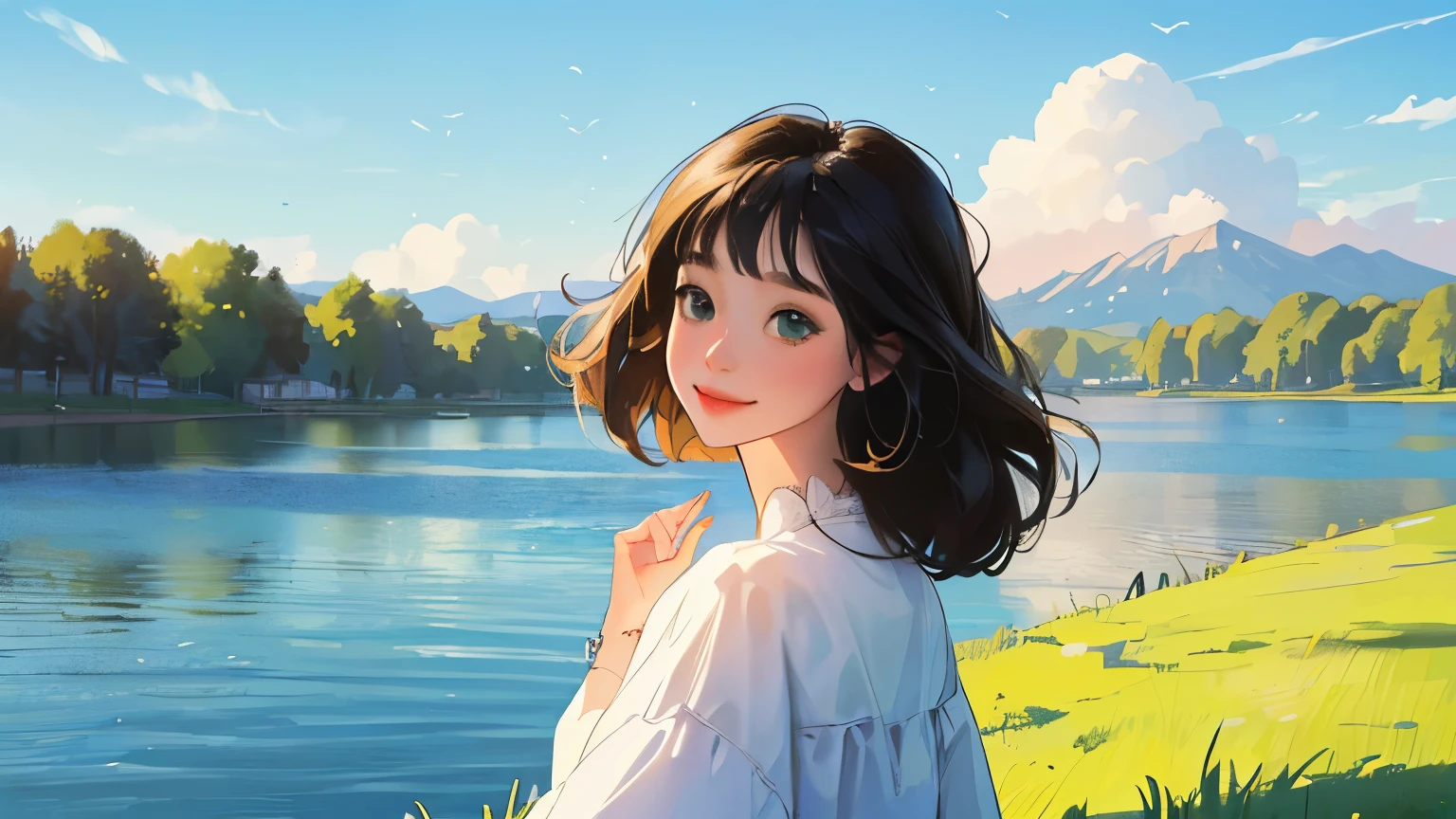 Anime girl standing by the water with a mountain in the background ...