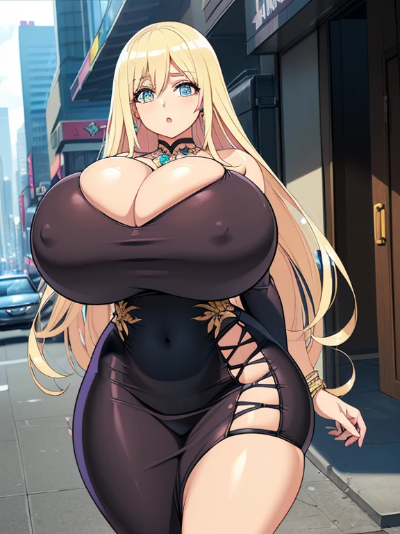 Shuz, (1woman, extreme quality, cg, detailed face+eyes, (bright colors), (anime), impact, (Voluptuous), goddess, time stop, beautiful jewels, long curly ash blonde hair, masterpiece, top tier, extravagant, 8k, unity wallpaper, unreal engine 5, ray tracing, 8k, cinematic, varied depth of field, octane render, elegant, tone mapping, hyper focus, Curvaceous, wide hips, huge thighs, (thin waist:1.4), (huge breasts:1.6), huge nipple bulging in clothes, covered nipples, pencil dress, dynamic lighting, seductive and alluring aura, walking glamorously in the city, flowing hair, detailed dress, detailed background