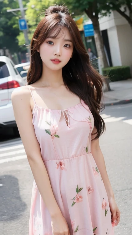 dress pink thin flower pattern , medium breast , long hair