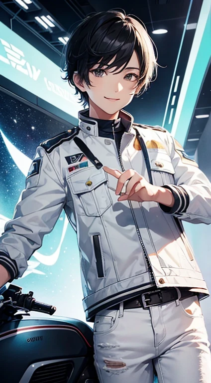 High quality, amount of drawing, pixiv illustration, PVC Jacket, aurora jacket, Beautiful young man, Black hair, Short hair, aurora fabric, hologram article,aurora seat jacket, White undershirt, light gray jeans, Decisive Pose, White background, A refreshing smile