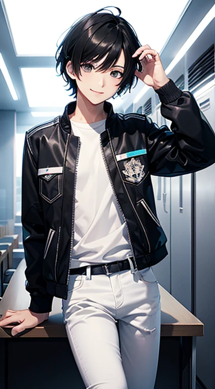 High quality, amount of drawing, pixiv illustration, PVC Jacket, aurora jacket, Beautiful young man, Black hair, Short hair, aurora fabric, hologram article,aurora seat jacket, White undershirt, light gray jeans, Decisive Pose, White background, A refreshing smile