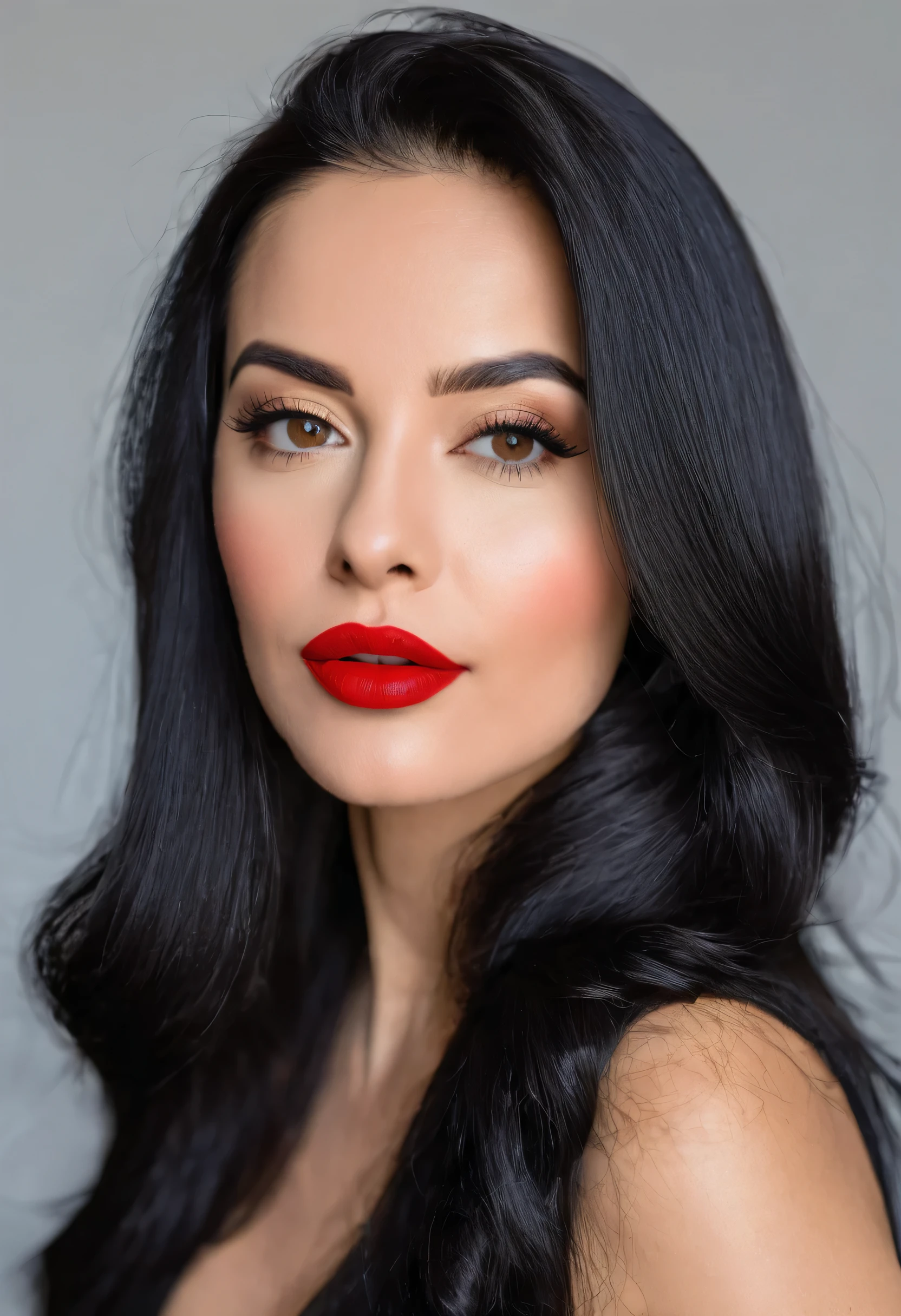 arafed woman with long hair and red lipstick posing for a picture, ekaterina, profile image, red lips, professional picture, 30 years old woman, 30 years old woman, angiewolf, photo of jessica devic, professional profile picture, moleksandra shchaslyva, with straight black hair