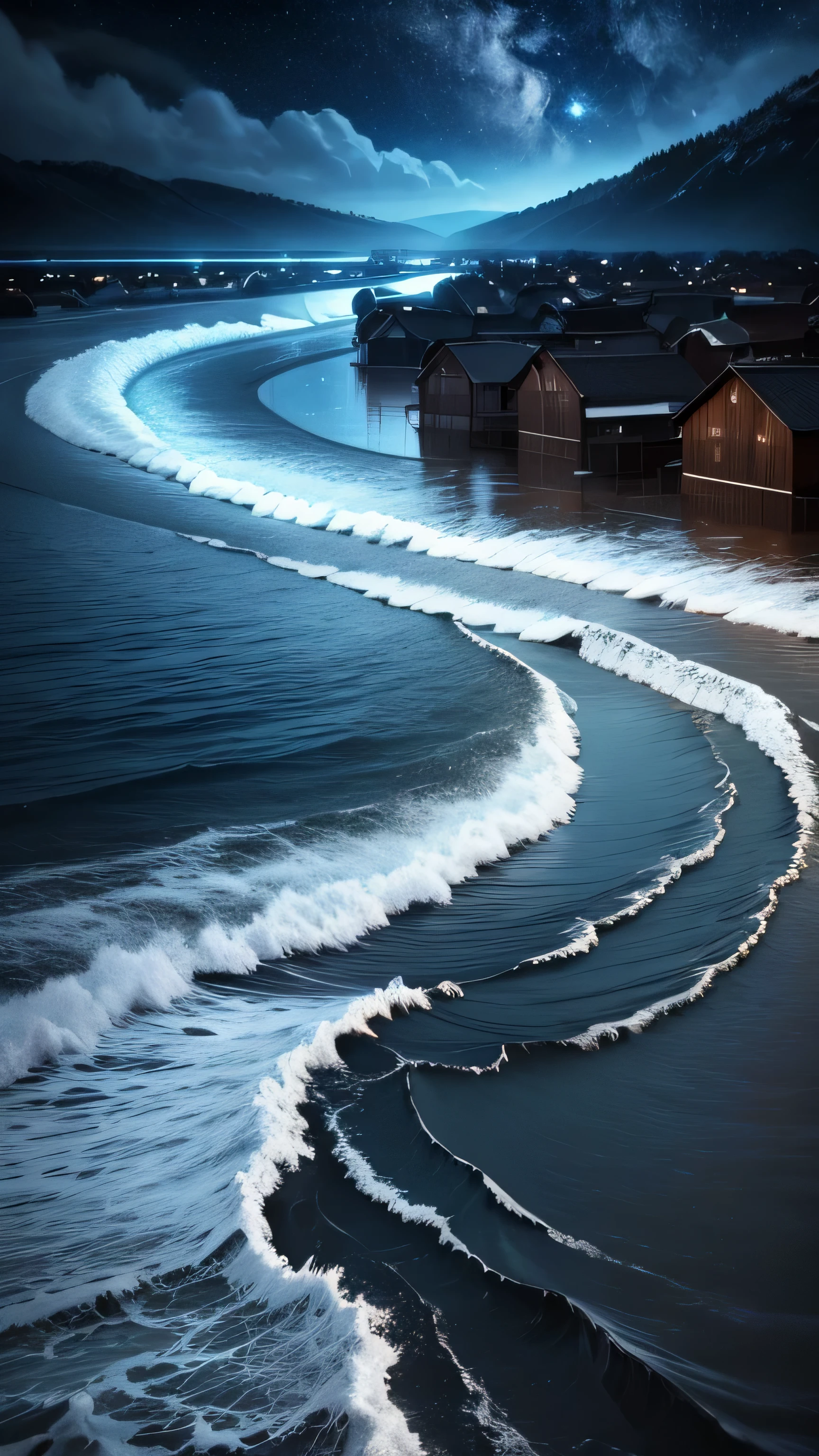 huge flood drowns entire villages, waves, night sky, 8k, high quality