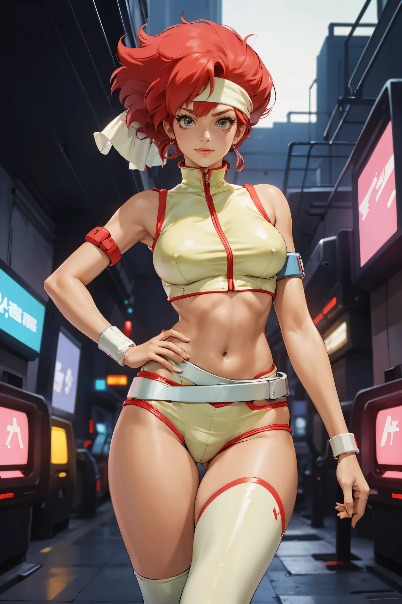 Kei from The Dirty Pair, , wearing a tight outfit, skimpy, medium breast, red hair beauty, cyberpunk city background, holding retro space-gun, headband, slim waist, slim thighs, thigh gap, show belly, light yellow uniform, skinny, slender hips