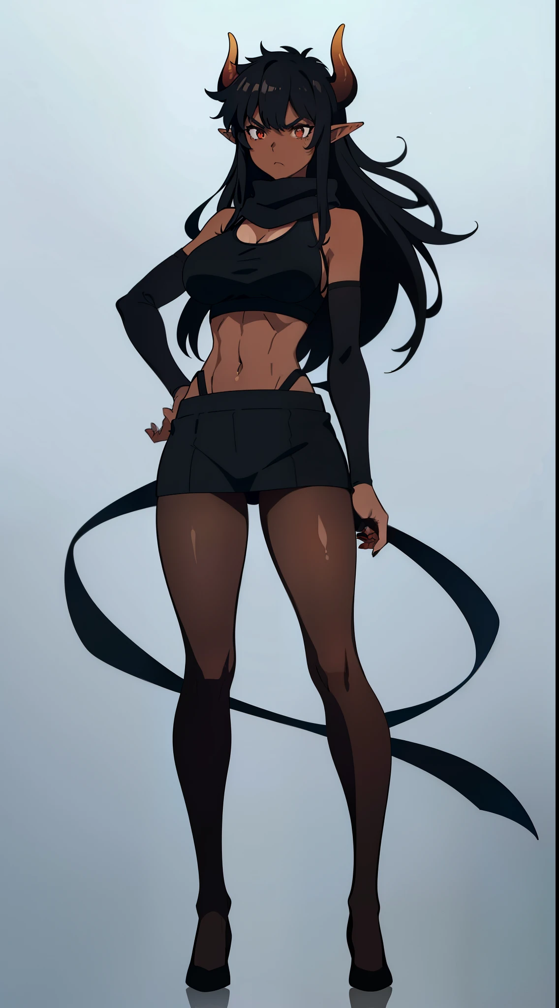 ((1girl,solo,mature female,tall)),big breasts,long hair, black hair,angry expression,horns,elf ears,black scarf,(dark skin),((black sports bra, midriff,)),(((pantyhoses)),((no background)),full body,standing
