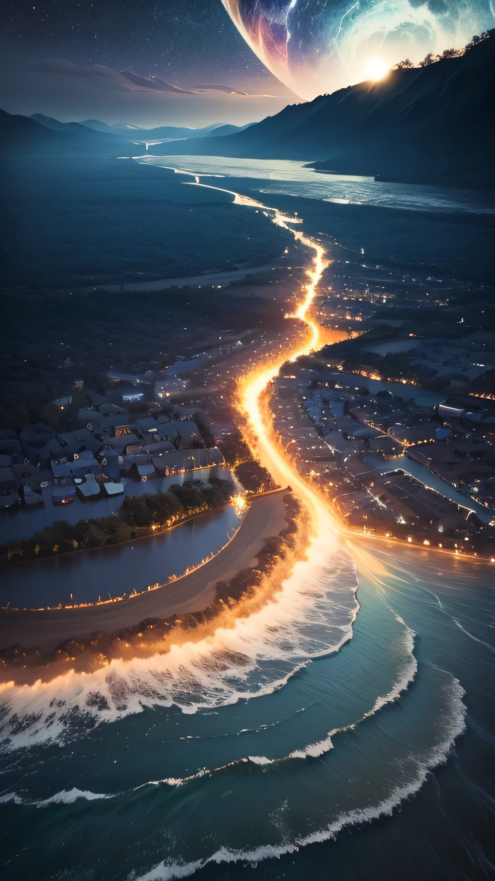 huge flood drowns entire villages, waves, night sky, 8k, high quality
