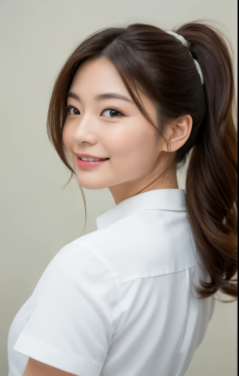 (Best quality, 8k, 32k, Masterpiece, UHD:1.2), from behind, 1 walking girl, beautiy Japanese office lady, (smile:0.5), (looking at the the viewer), 30 years old, bit chubby, white shirt, black skirt, office room, desk, detailed beautiful face, wavy pony-tail hair, from below,