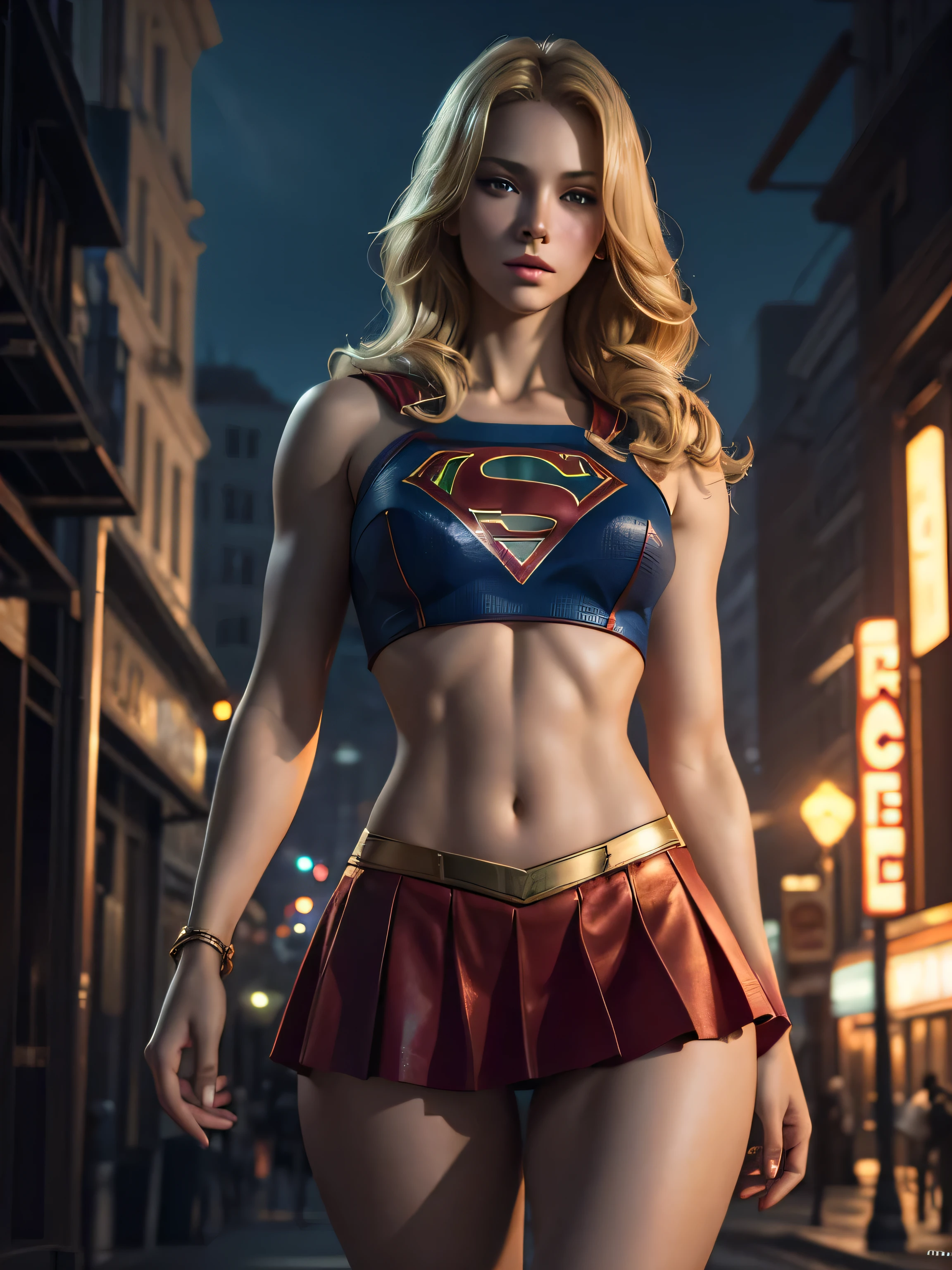 Supergirl, bon marché prostitution tenue, sexy, mini jupe rouge, crop top, jambes nues, corps entier, 4 9 9 0 s, longs cheveux blonds, yeux bleus, complexe, elegant, Very detailed, digital painting, ArtStation, Art conceptuel, smouth, mise au point nette, Illustration par Wlop, Charlie Bowater et Alexandra Fomina. Danser dans une pole dance pour une foule de criminels, merveilleuse beauté, nice features, dinamic lighting, Realistic, less muscular, Less clothing, Pas de soutien-gorge, Pas de pantalon.