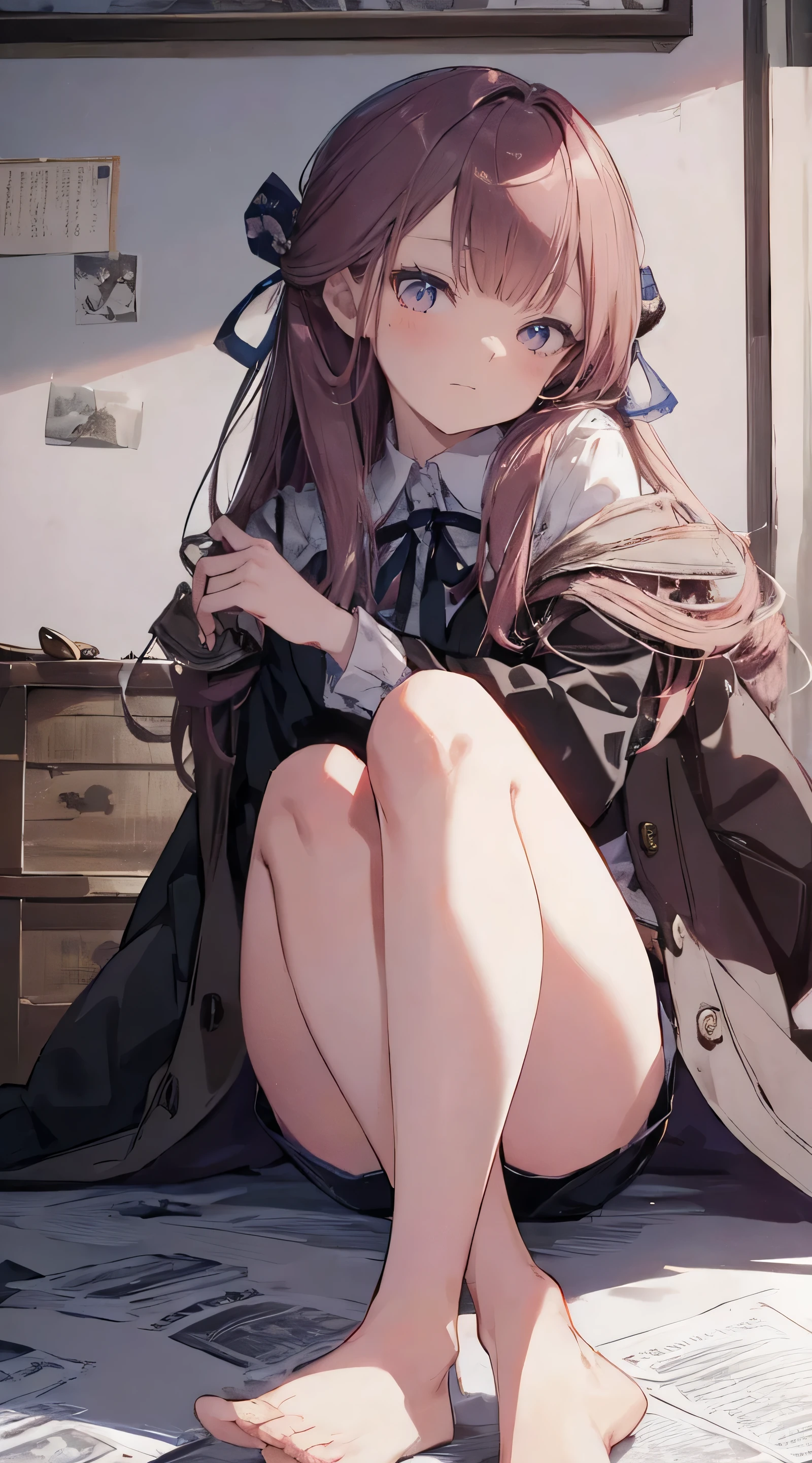 master piece、Highest image quality、highest quality、 ((panic))、glossy hair quality、small face、sitting、Super detailed and beautiful bright eyes、Super detailed clear and beautiful face、(cute illustration:1.2), High-resolution, ultra-detailed, best quality, embarrassed、(Gaps in shorts)、(cute underwear)