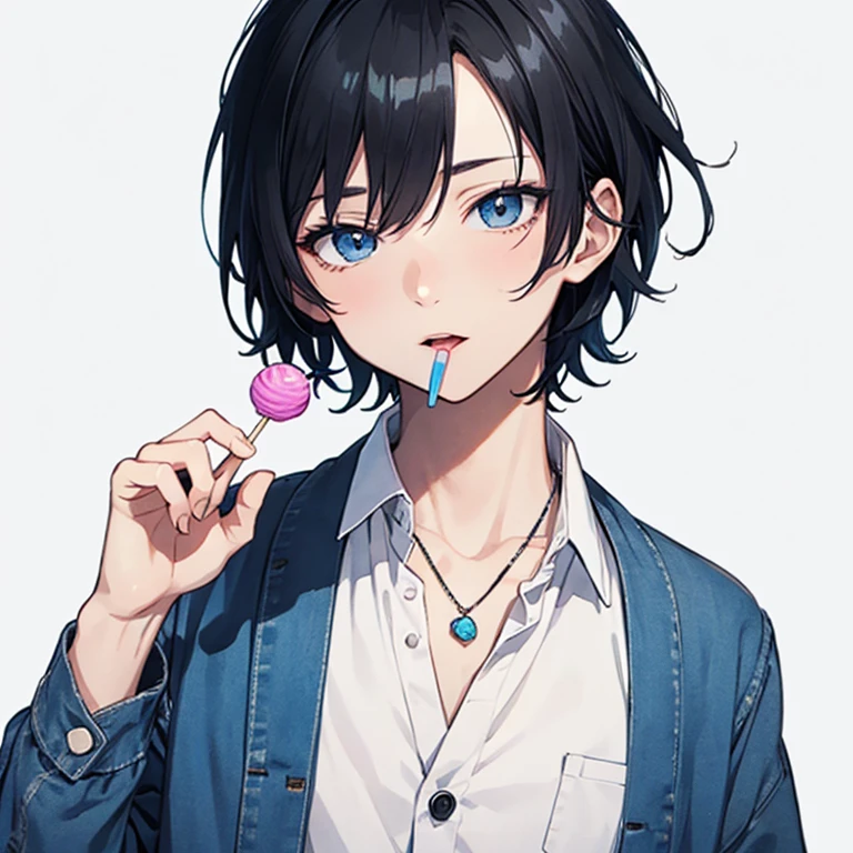 Japanese anime, clear line drawing, transparent watercolor, clear shading, beautiful young man, short black hair, blue lollipop in the mouth, blue tongue, gaze looking at the camera, blue open collar shirt, relaxed pose, hand holding lollipop stick, visible necklace, Delicate and powerful expressiveness,high quality, Amount to draw, pixiv illustration