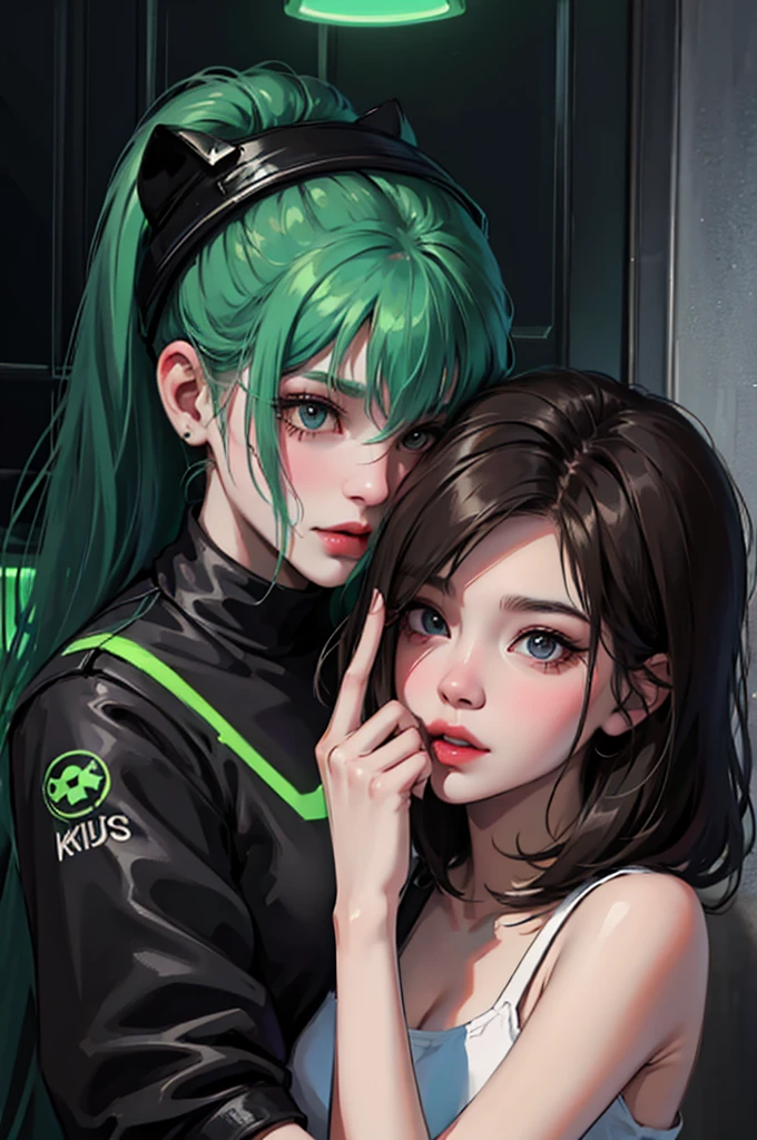 Two punkrock girl kissing in a dark room, only lights is a green neon, kiss, kissing