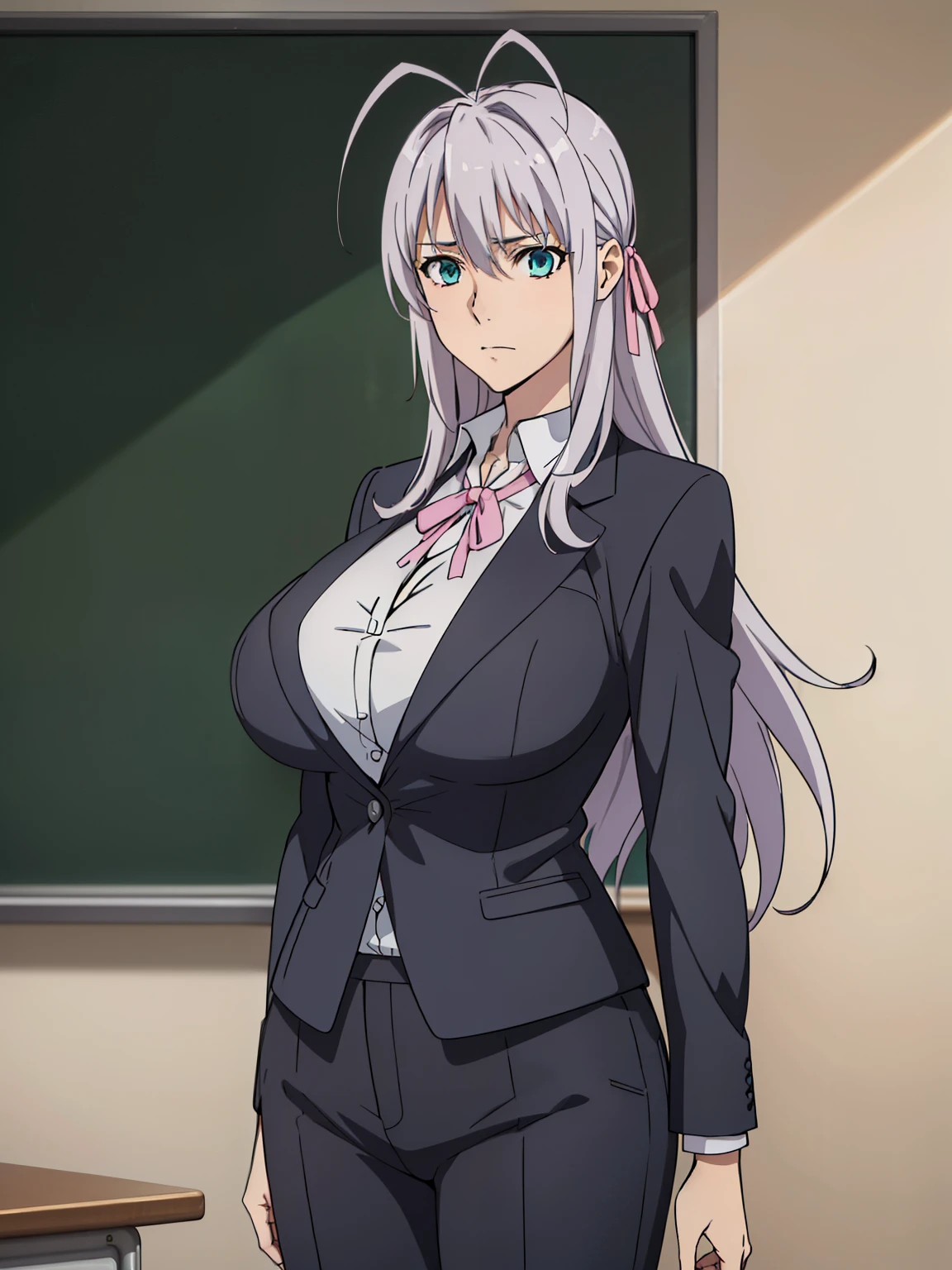 black suit, formal, pants, classroom background, rossweisse, (1 girl), anime cels style, best quality, high resolution, 1girl, (huge breasts:1.2), beautiful face, grey hair, aqua eyes, antenna hair, long hair, pink ribbon at hair, cowboy shot