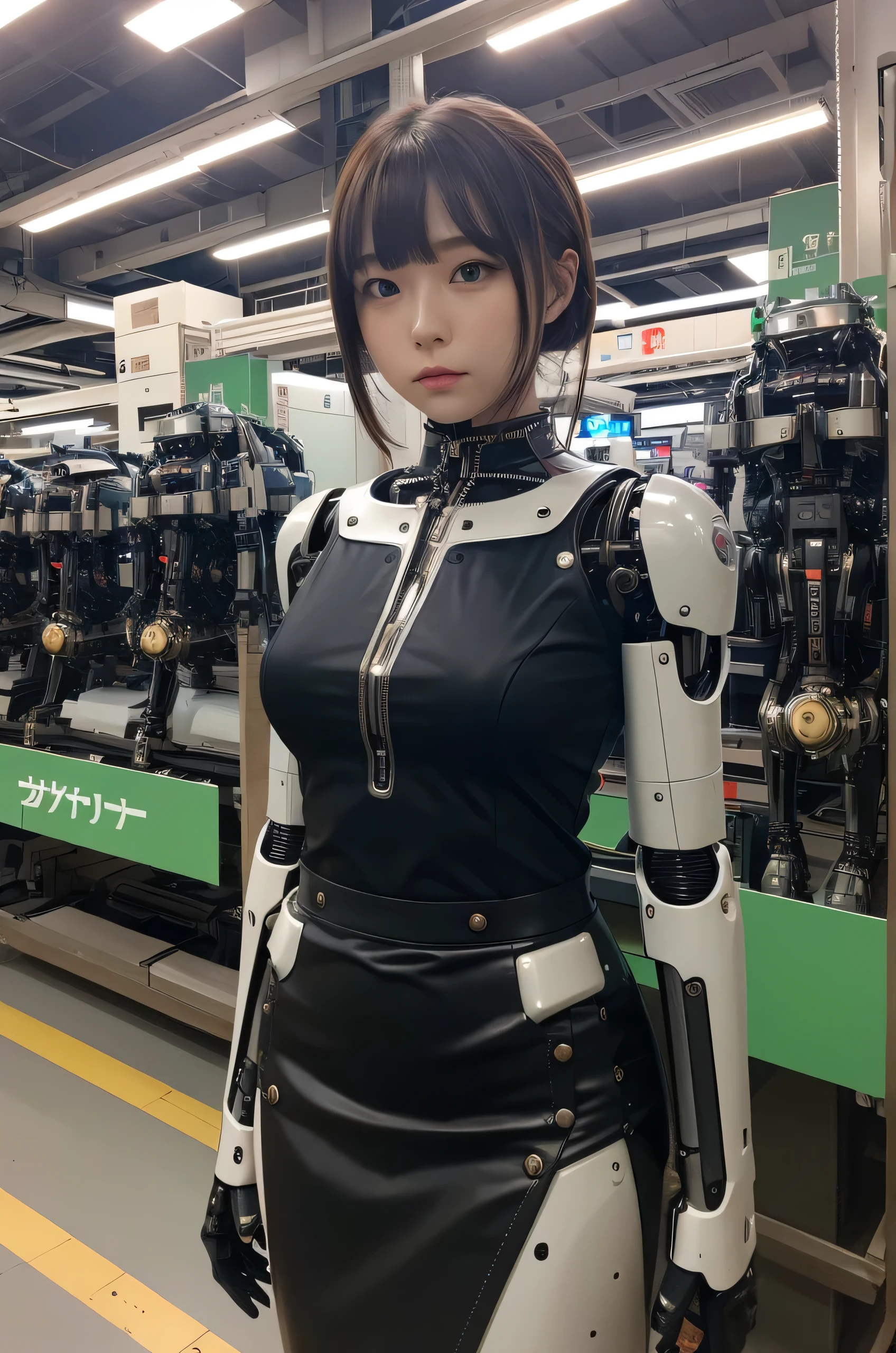 masterpiece, best quality, extremely detailed, Japaese android girl,Plump ,control panels,android,Droid,Mechanical Hand, Robot arms and legs,Blunt bangs,perfect robot girl,white robot body,mechanical neck,long tube,thick cable connected her neck,android,robot,humanoid,cyborg,japanese cyborg girl ,robot-assembly plant,She has assembled now,assembly scene,chest monitor,leather skirt,blue eyes,
