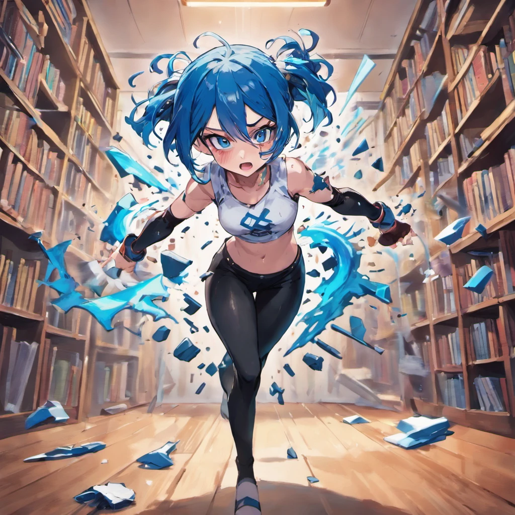 Anime character style, a blue hair cute girl with fighting aura in warm lit room, sharp looking eyes, bookshelf behind her, little torn pieces of outfit, ready to fight, ocean blue color theme, white theme, detail oriented, the girl wearing black leggings, the girl wearing white shirt, sleeves is fold
