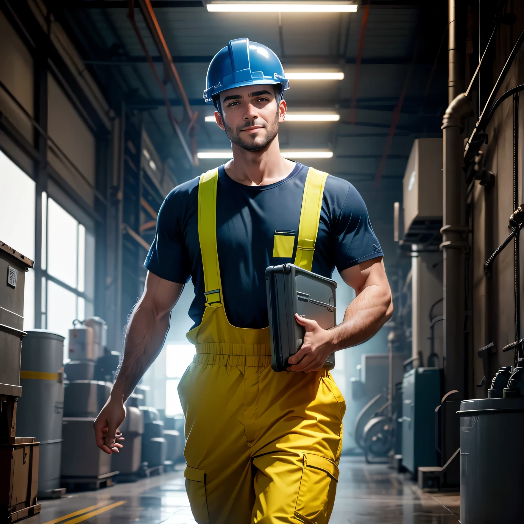 I imagine a 30-year-old man, tall and strong, wearing a factory work uniform. His uniform is dark blue, with fluorescent yellow details for safety. He wears a bright yellow protective helmet with a transparent visor that reflects the light. His face is illuminated by a radiant smile, and his eyes convey determination and confidence. He holds a toolbox firmly in one hand, and his step is steady as he walks across the factory floor. You can feel the vibration of the machines and hear the sound of equipment operating around him. Despite the industrial environment, his facial expression shows genuine happiness and unwavering determination in his work.