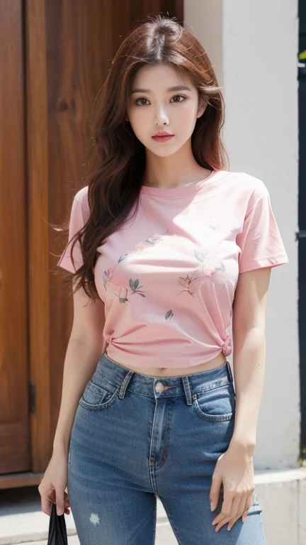 pink thin flower pattern T-shirt , long Jeans pants , big breast , long hair