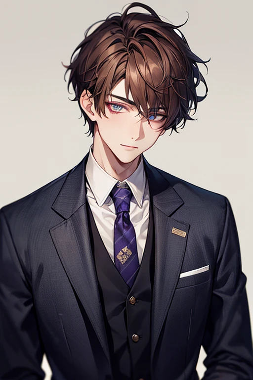 24 year old boy, warm skin, eyes are purple, mature face, head portrait, brown hair, short hair, face focus, adult, suit, Jacket, white shirt, tie, pants, highest quality, facial details.