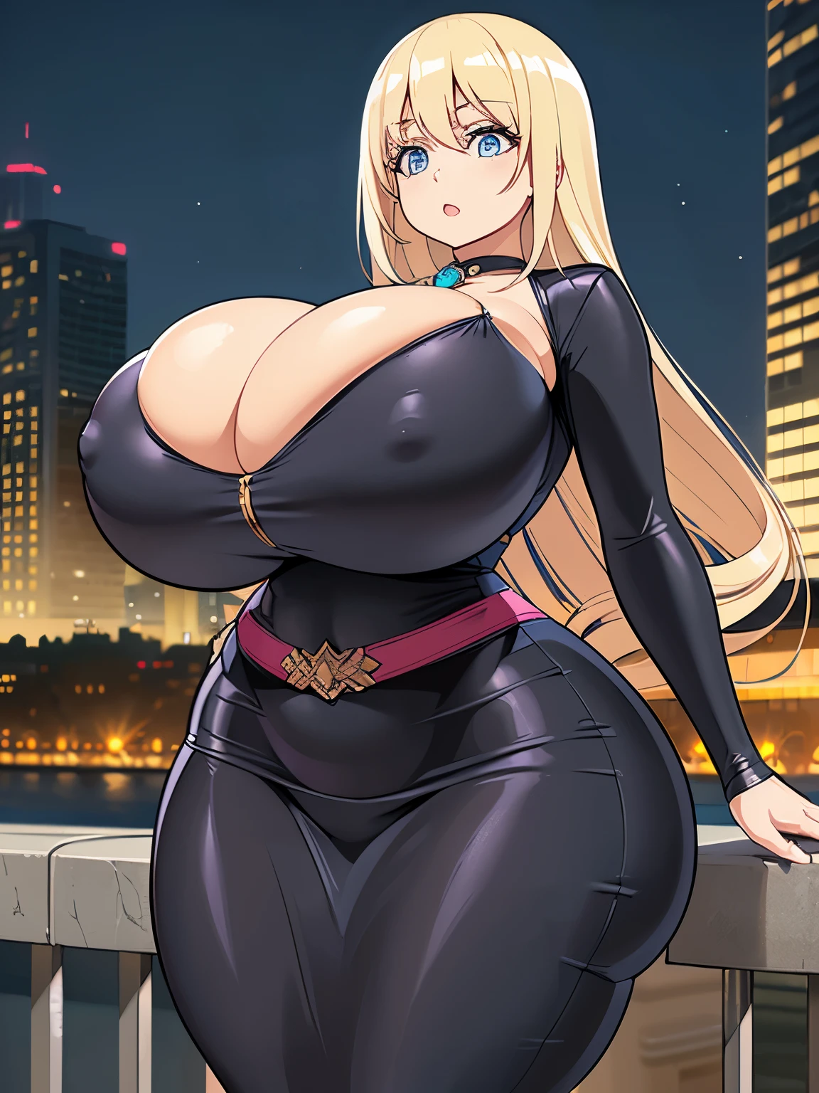 Shuz, (1woman, extreme quality, cg, detailed face+eyes, (bright colors), (anime), impact, (Voluptuous), time stop, beautiful jewels, long curly ash blonde hair, masterpiece, top tier, extravagant, 8k, unity wallpaper, unreal engine 5, ray tracing, 8k, cinematic, varied depth of field, octane render, elegant, tone mapping, hyper focus, Curvaceous, wide hips, huge thighs, (thin waist:1.4), (huge breasts:1.6), huge nipple bulging in clothes, covered nipples, pencil dress, dynamic lighting, cityscape, detailed dress, detailed background