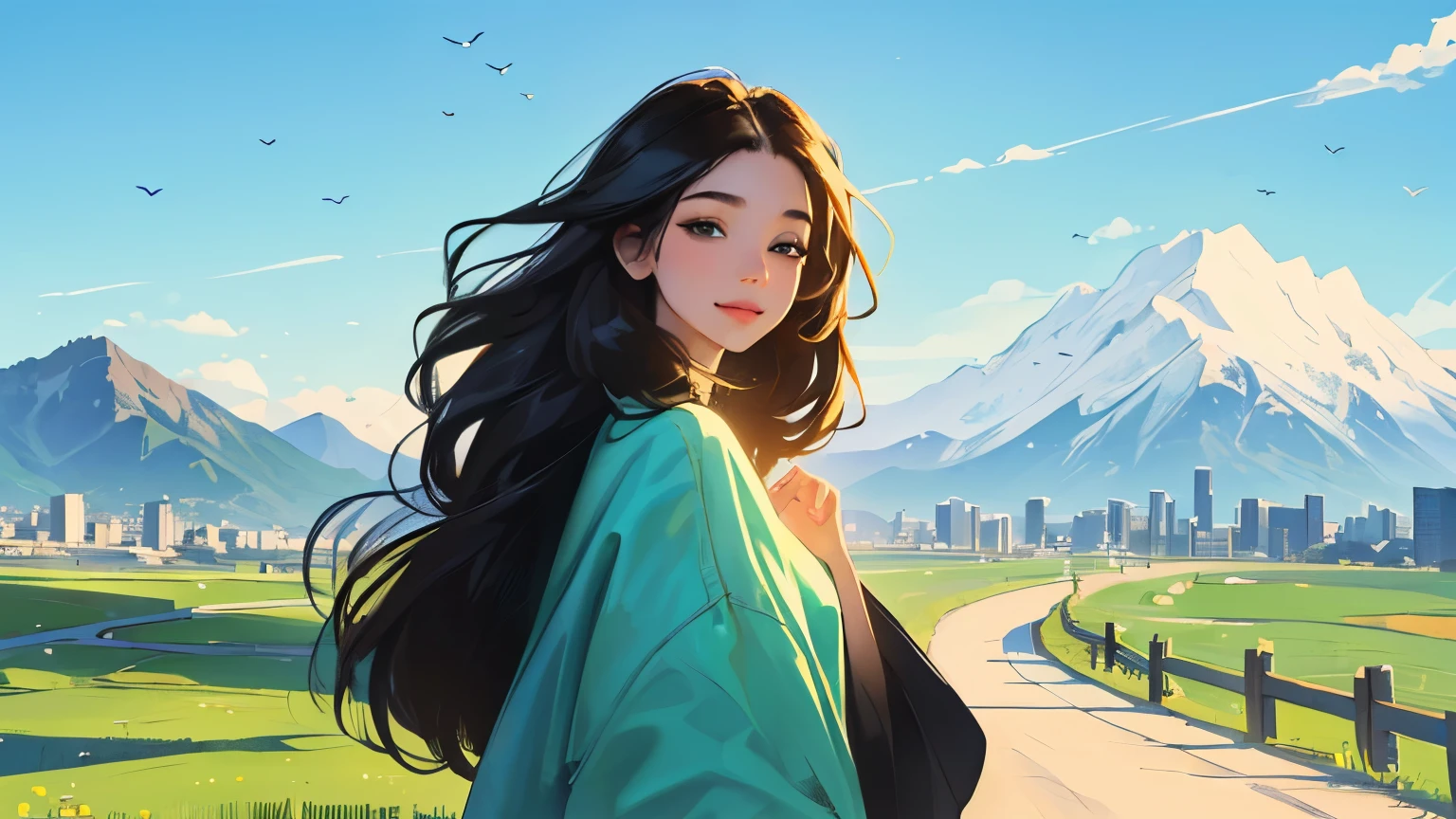 ((masterpiece)),(((bestquality))),((ultra-detailed)) realisticlying, 1 girl, Beautiful, black long hair, happy, The sky morning, looking to viewer, soft green, city, road, mountain. blue sky.
