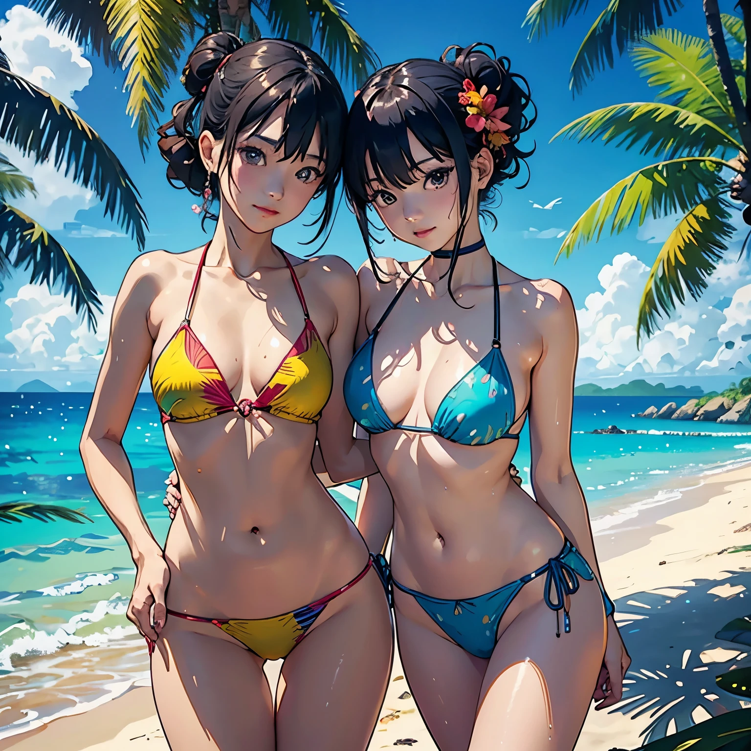 [ 4K digital art ]、((highest quality, masterpiece, High resolution))、((anime art))、 ((reality))、beautiful japanese woman、((two women))、18-year-old、((two womenが向かい合う))、(Detailed depiction of a beautiful face)、smile gently、small breasts、slim body shape、medium short hair、semi-long、bun hair、Wet see-through bikini、(Wrap your waist in fabric with bold ethnic patterns and plenty of primary colors.。.)、realistic skin、Wet、full body、No zoom、No close-ups、(Beautiful tropical beach landscape photography)、cinematic light、tropical、(flowers on the beach)、Against the background of palm trees、on a sunny beach、With the sea in the background、squall、rainbow、blur background、