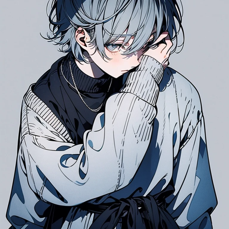 beautiful young man, shoulder length hair, straight hair, dull light blue hair, white high neck sweater, long slit eyes, gray eyes, touch your head, Front view, Composition showing from the waist up, nice, good looking,high quality, Amount to draw, pixiv illustration