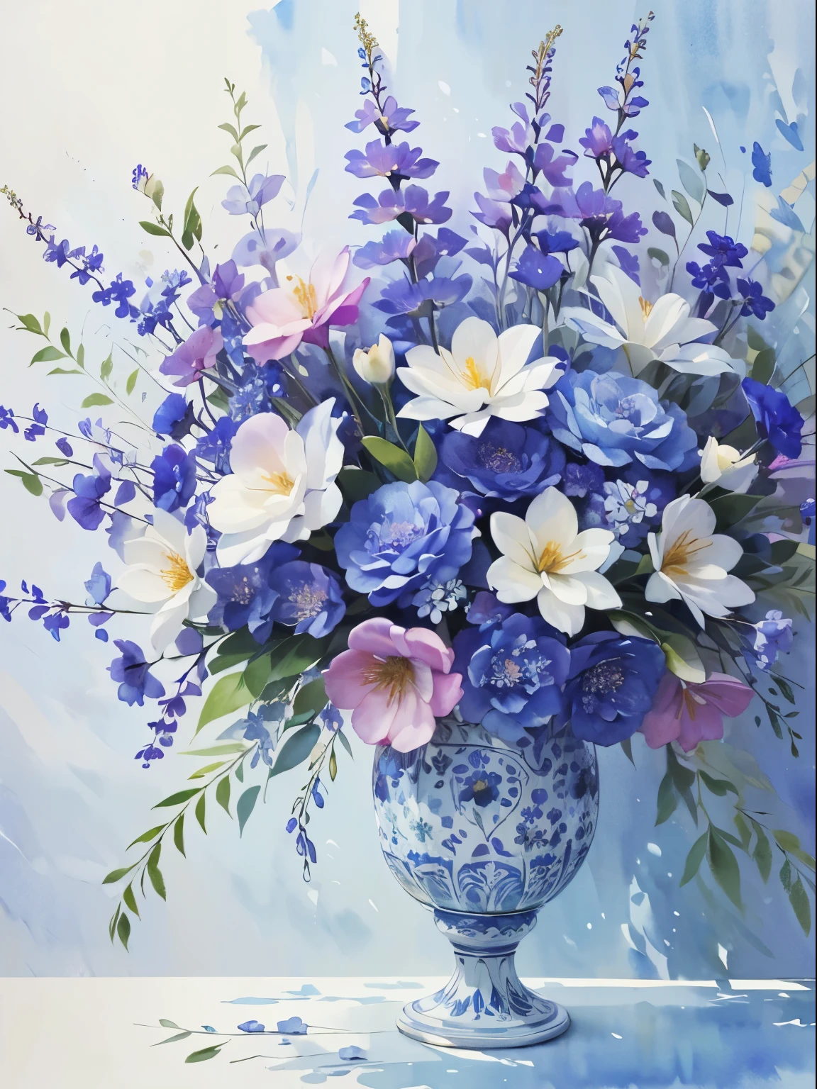 (best quality,highres,masterpiece:1.2),watercolor texture,blue artwork,vibrant colors,lots of flowers, intricate patterns,highly detailed,floral arrangement,creative design,artistic style,watercolor painting technique,shades of blue,ethereal lighting
