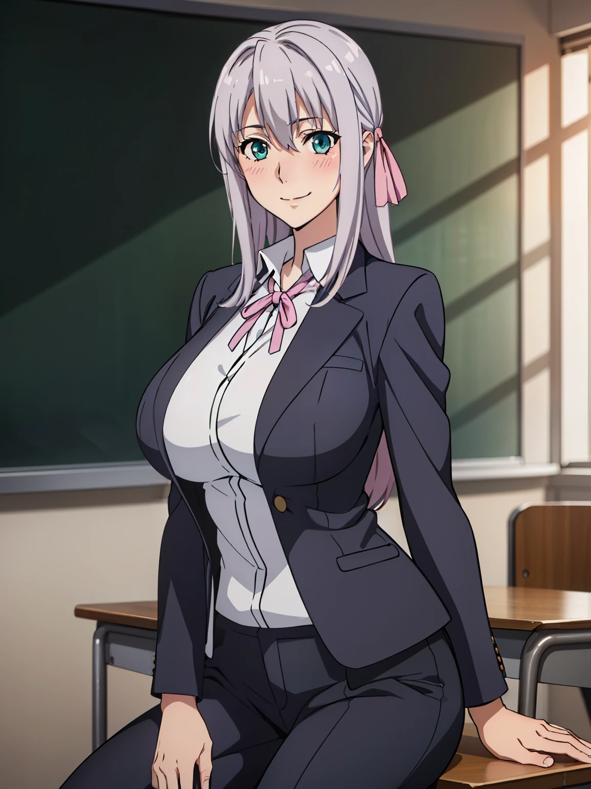 sitting at teacher chair, black suit, formal, pants, classroom background, rossweisse, (1 girl), anime cels style, best quality, high resolution, 1girl, (huge breasts:1.2), beautiful face, grey hair, aqua eyes, long hair, pink ribbon at hair, cowboy shot, smiling, blush