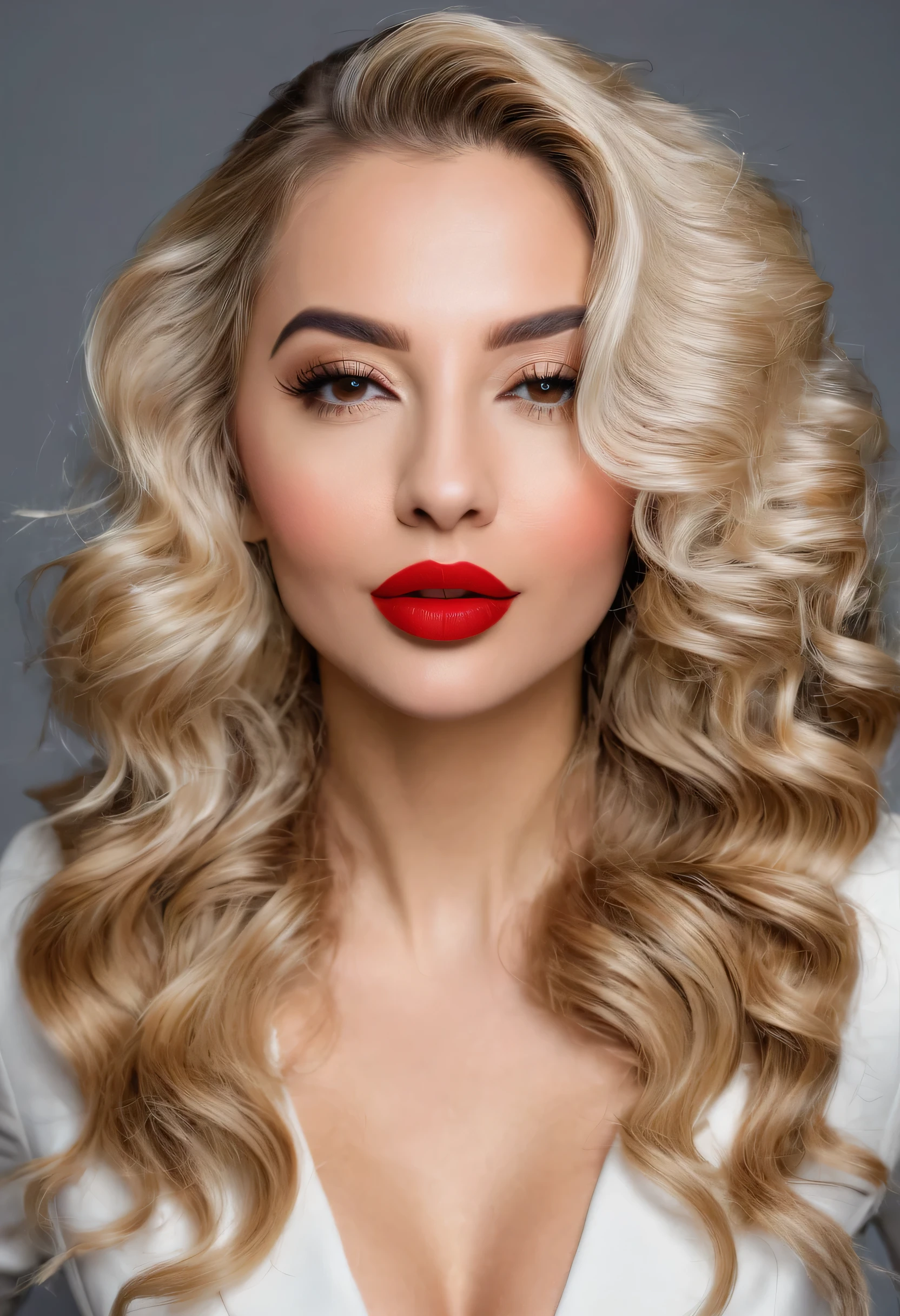 arafed woman with long hair and red lipstick posing for a picture, ekaterina, profile image, red lips, professional picture, 30 years old woman, angie wolf, photo of jessica devic, professional profile picture, moleksandra shchaslyva, with WAVY BLONDE hair